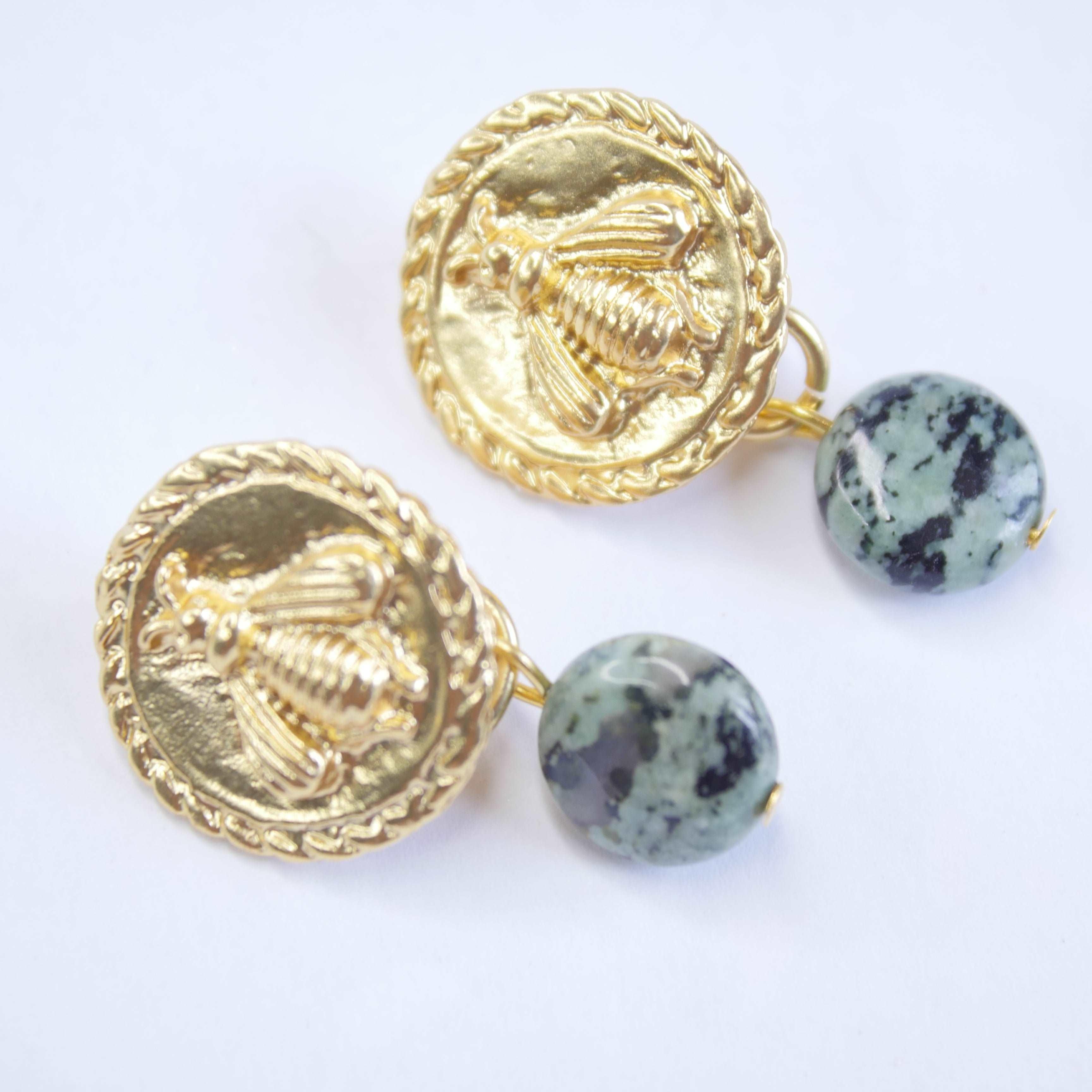 E71647 Boucles d'oreilles clips abeille jaspe africaine - Karine Sultan - Créations Uniques