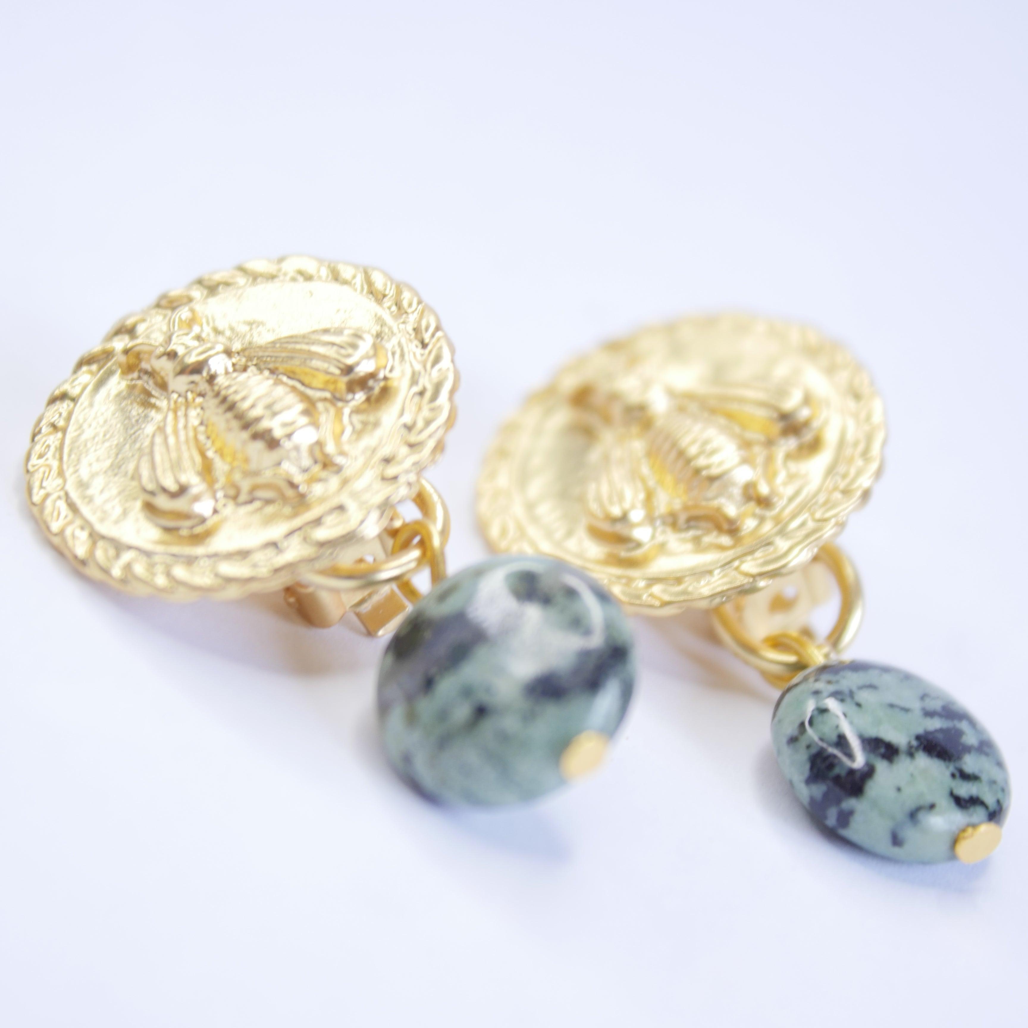 E71647 Boucles d'oreilles clips abeille jaspe africaine - Karine Sultan - Créations Uniques