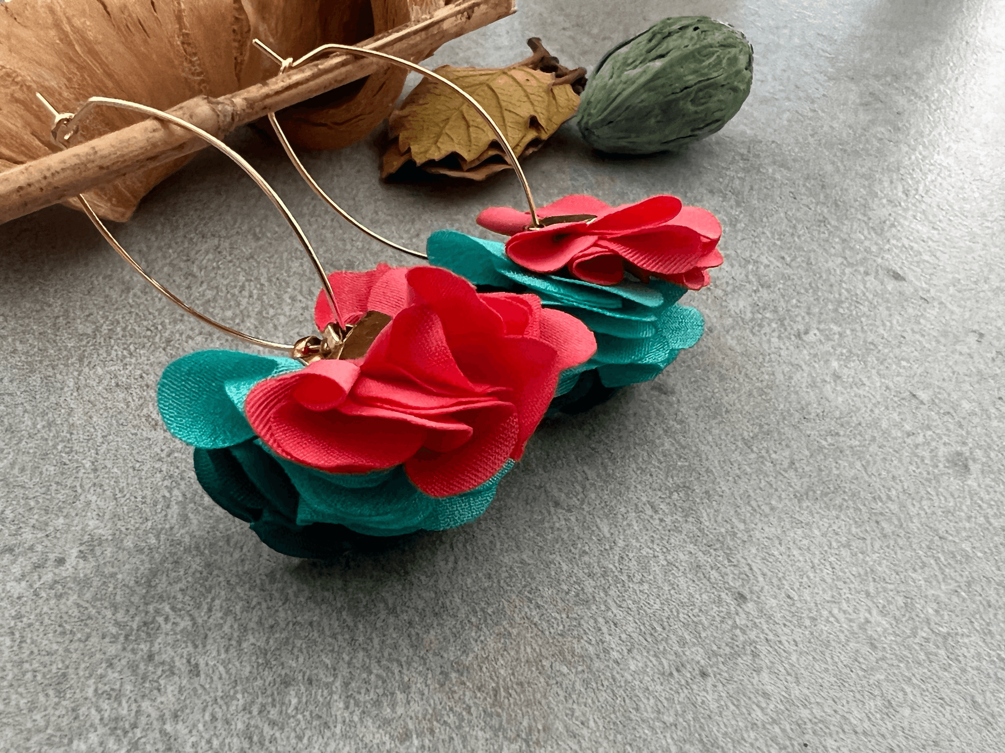 Boucles d’oreilles anneaux ovales FLORENTINE pampilles tissu tricolores - Créations Uniques - Créations Uniques