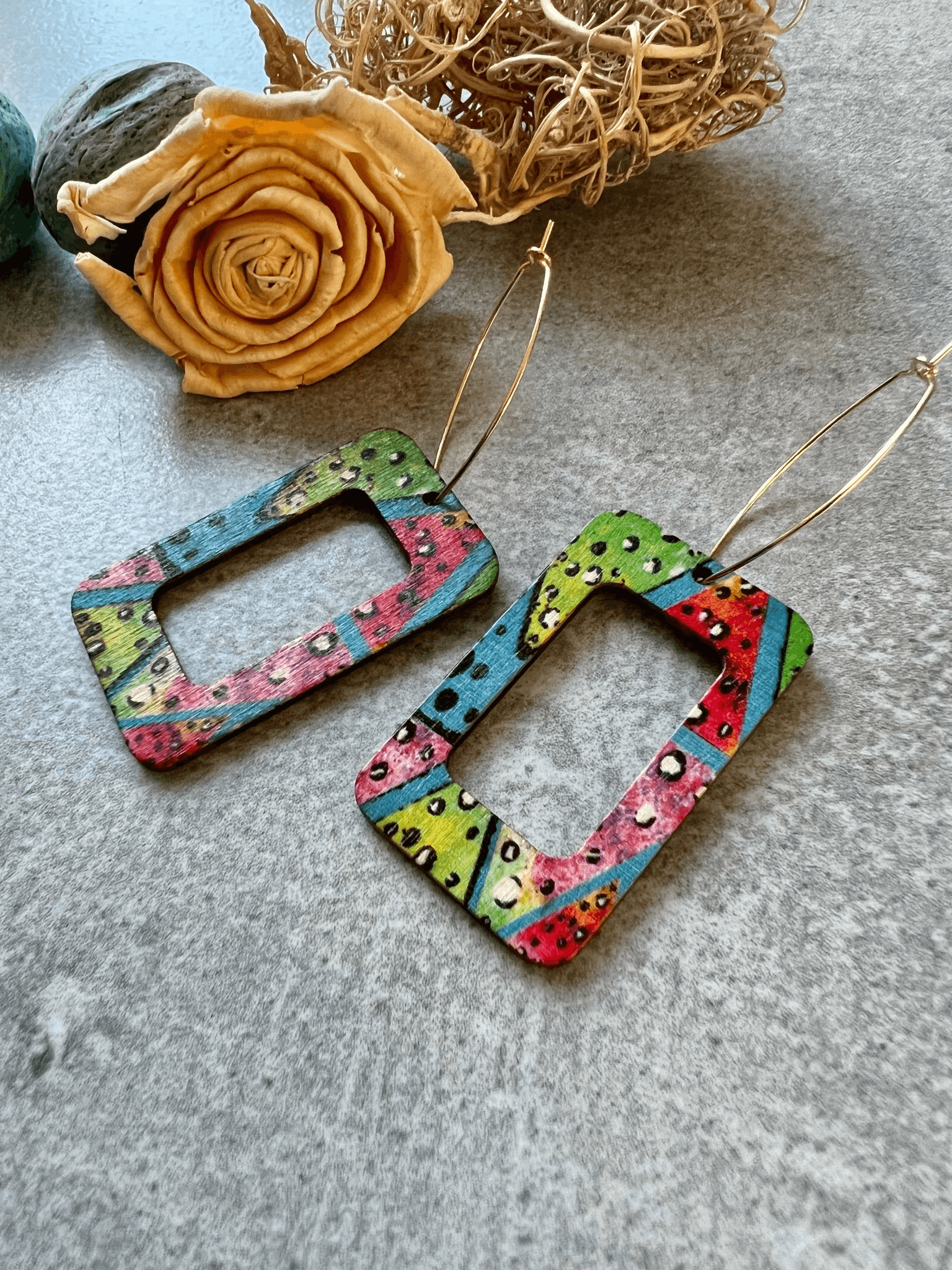 Boucles d’oreilles RAPHAELLA style bohème bois multicolore - Créations Uniques