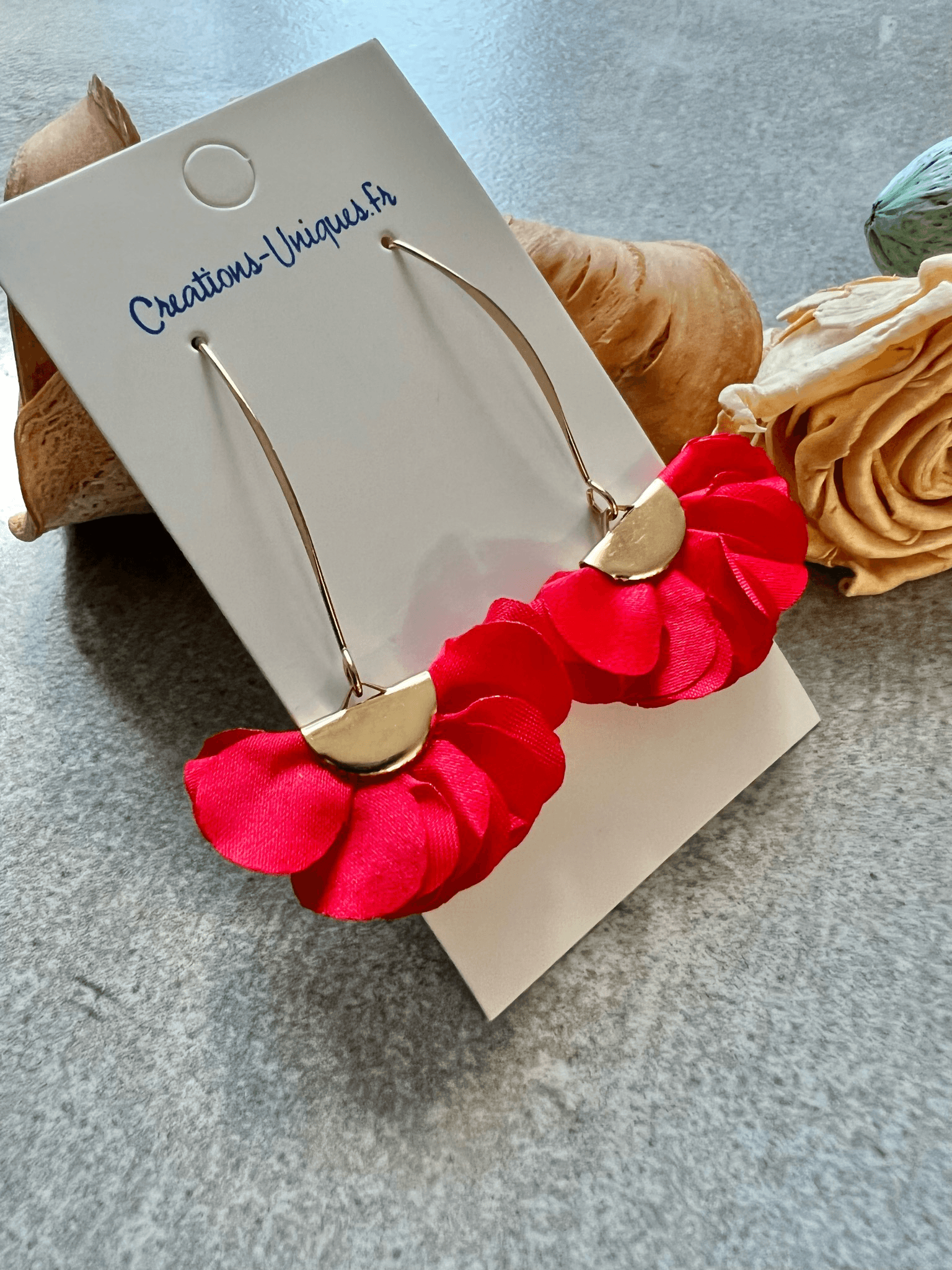 Boucles d’oreilles RIHANNA pampilles tissu rouge - Créations Uniques - Créations Uniques