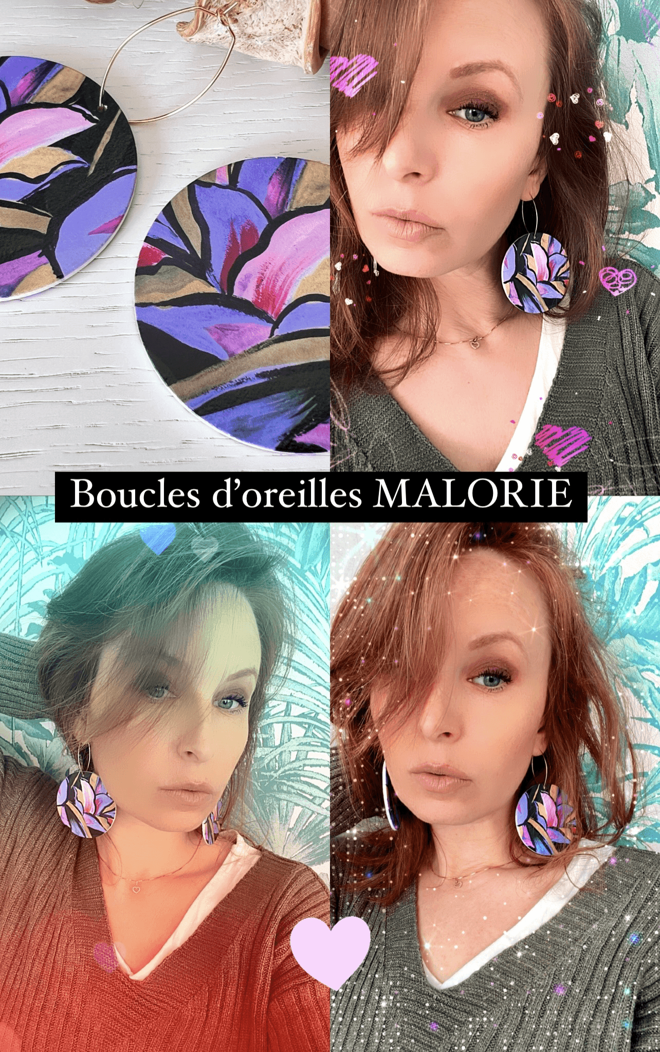 Boucles d’oreilles MALORIE bois motif fleuri violet - Créations Uniques - Créations Uniques