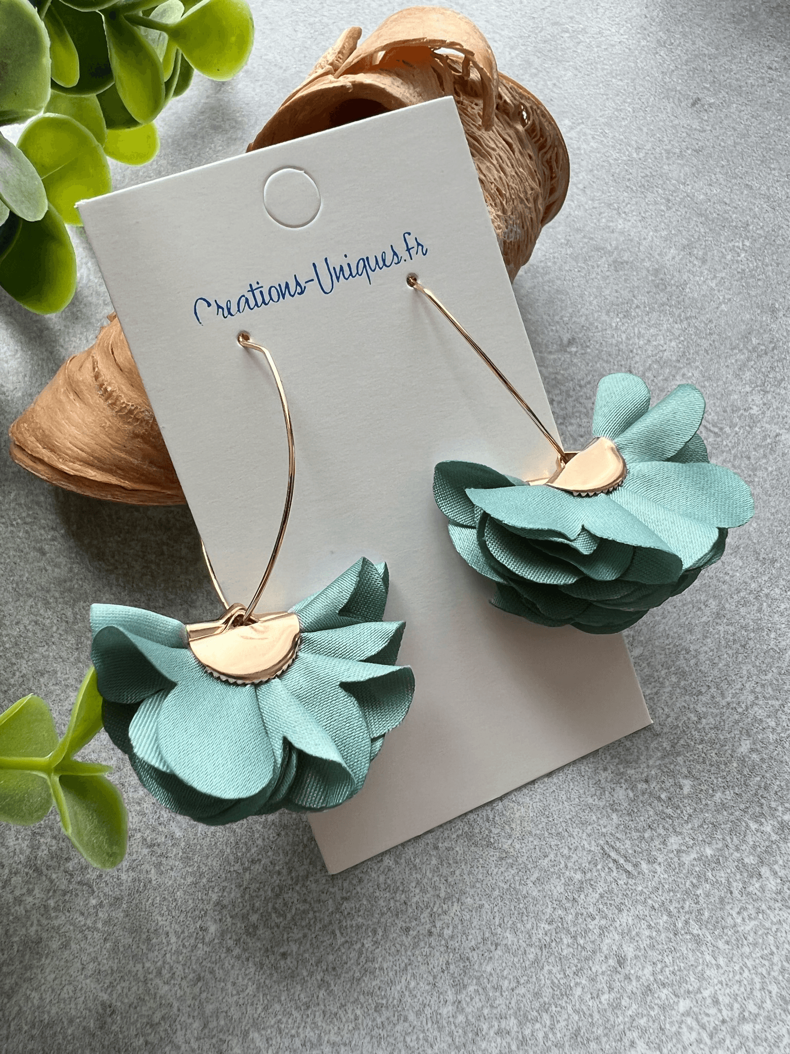 Boucles d’oreilles anneaux ovales KAREN pampilles tissu vert - Créations Uniques - Créations Uniques