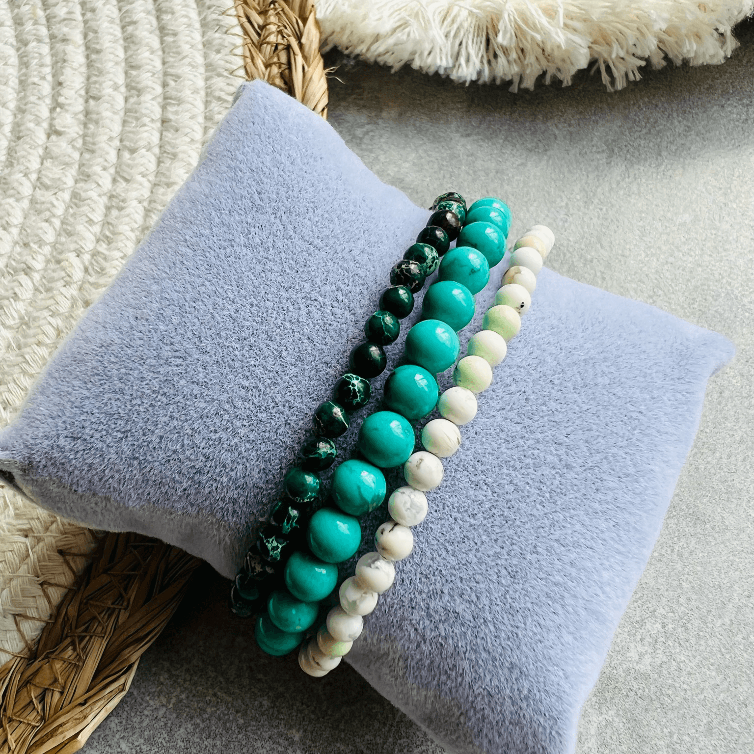 Bracelets BORNÉO - Trio de Perles minérales jaspe impérial, turquoise jaune et turquoise de chine - Créations Uniques