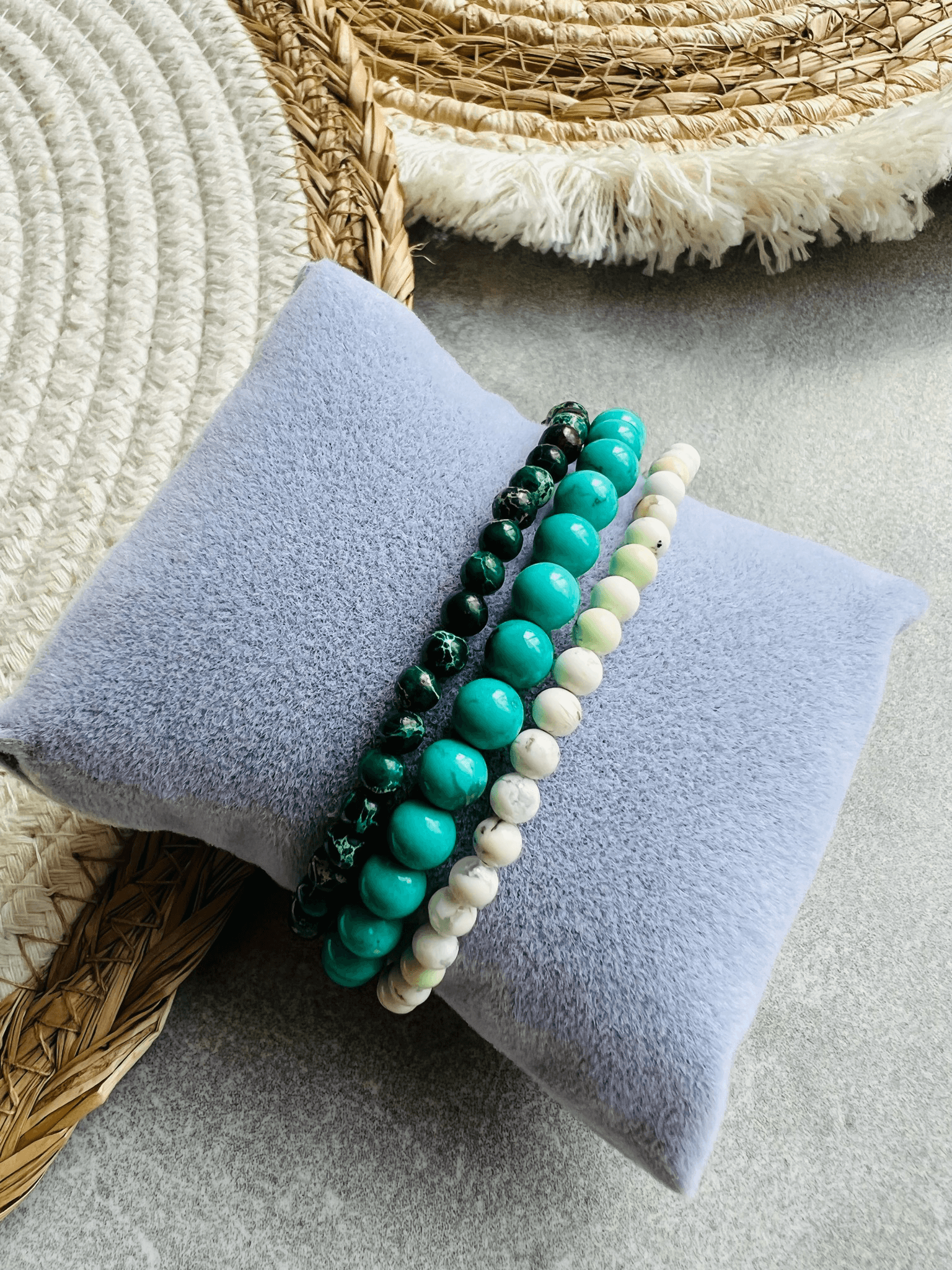 Bracelets BORNÉO - Trio de Perles minérales jaspe impérial, turquoise jaune et turquoise de chine - Créations Uniques