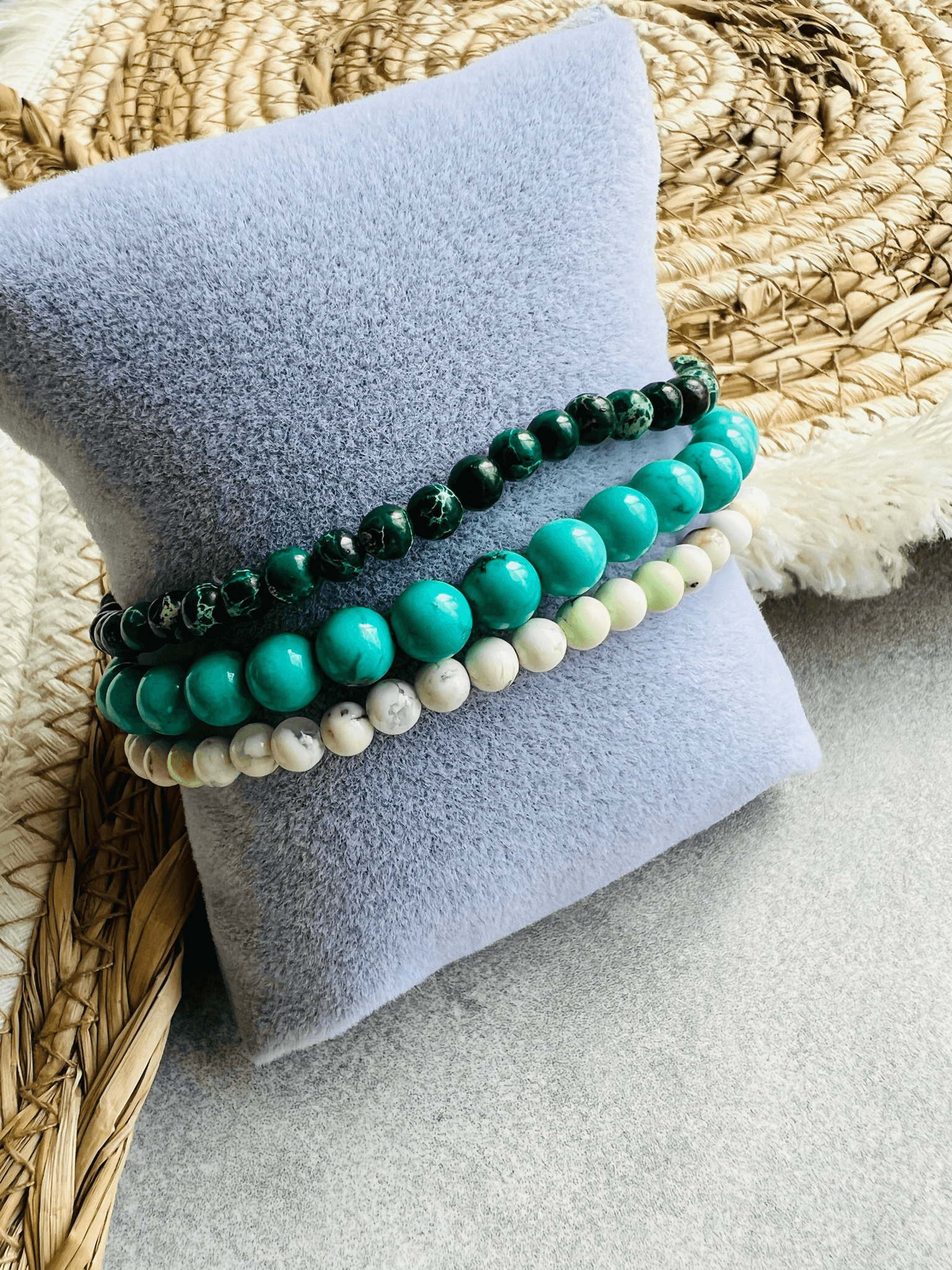 Bracelets BORNÉO - Trio de Perles minérales jaspe impérial, turquoise jaune et turquoise de chine - Créations Uniques