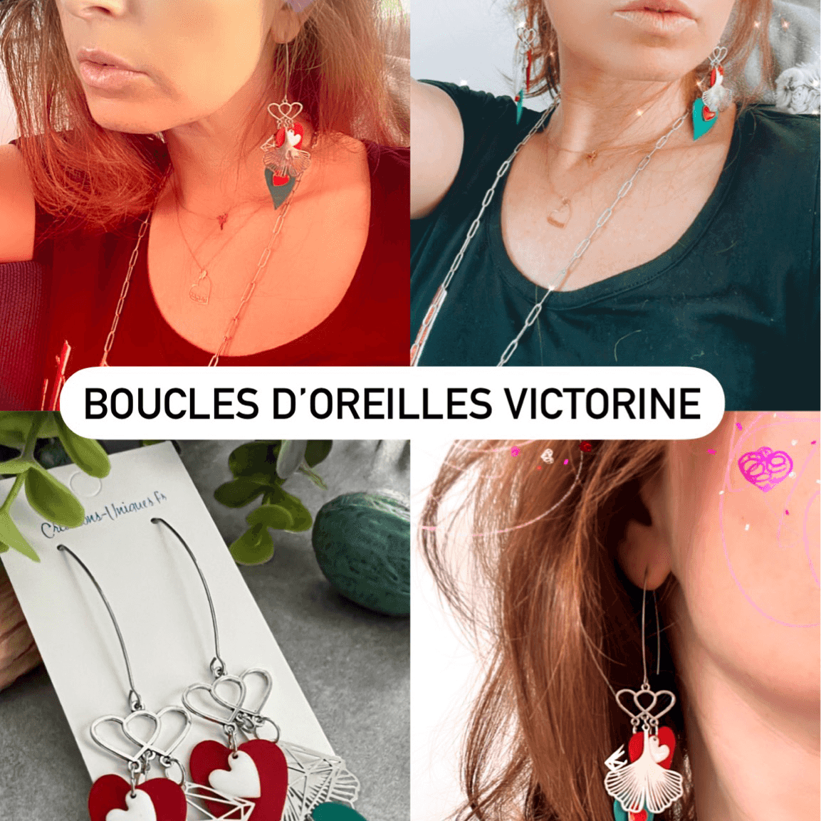 Boucles d’oreilles argentées VICTORINE cœurs verts , blancs et rouges bijoux fait main - Créations Uniques