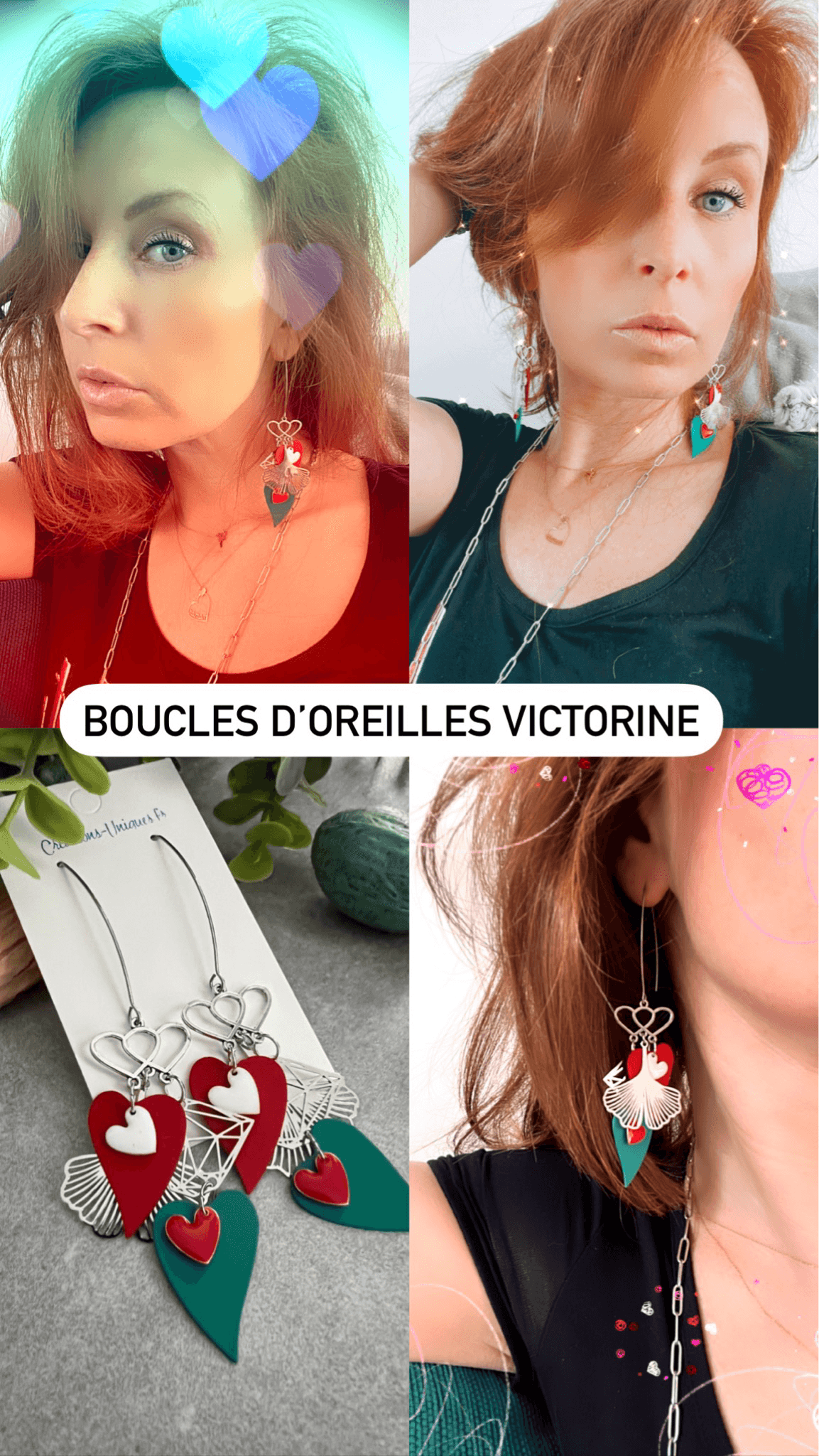 Boucles d’oreilles argentées VICTORINE cœurs verts , blancs et rouges bijoux fait main - Créations Uniques