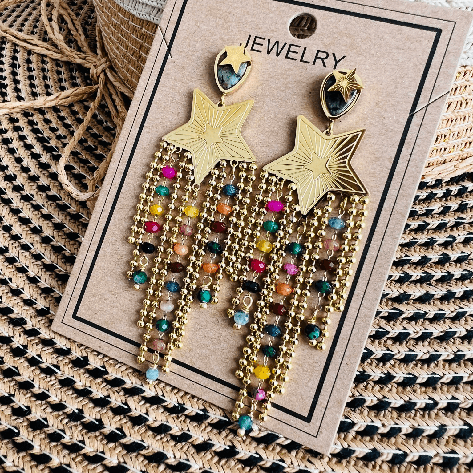 Boucles d’oreilles REGGIE étoiles dorées et perles multicolores - Créations Uniques