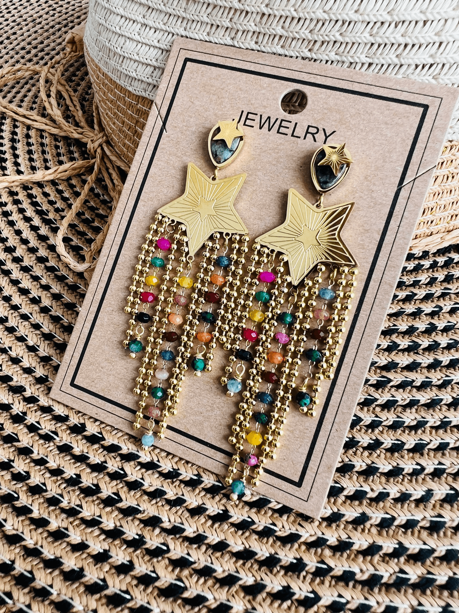 Boucles d’oreilles REGGIE étoiles dorées et perles multicolores - Créations Uniques