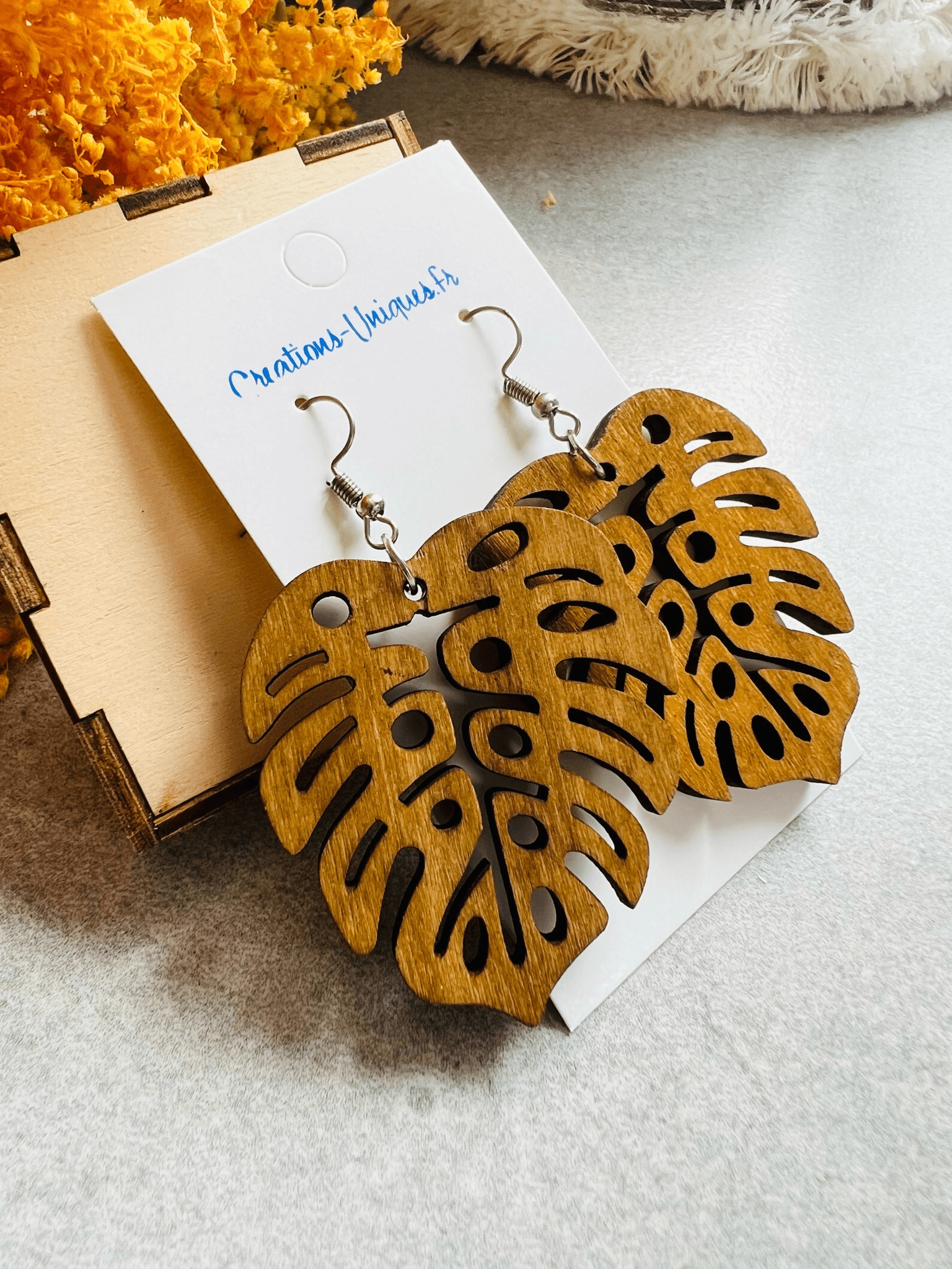 Boucles d’oreilles LYANNA feuilles bois style bohème - Créations Uniques