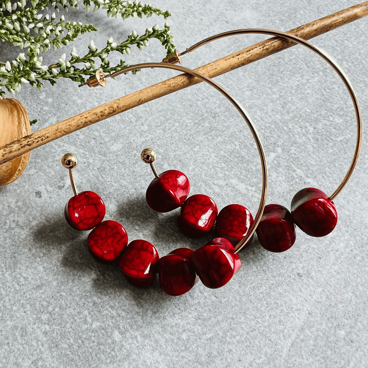 Boucles D'oreilles Pendantes Femme Coton Ethnique - Anneaux Ruban Multicolore Rouge Donut
