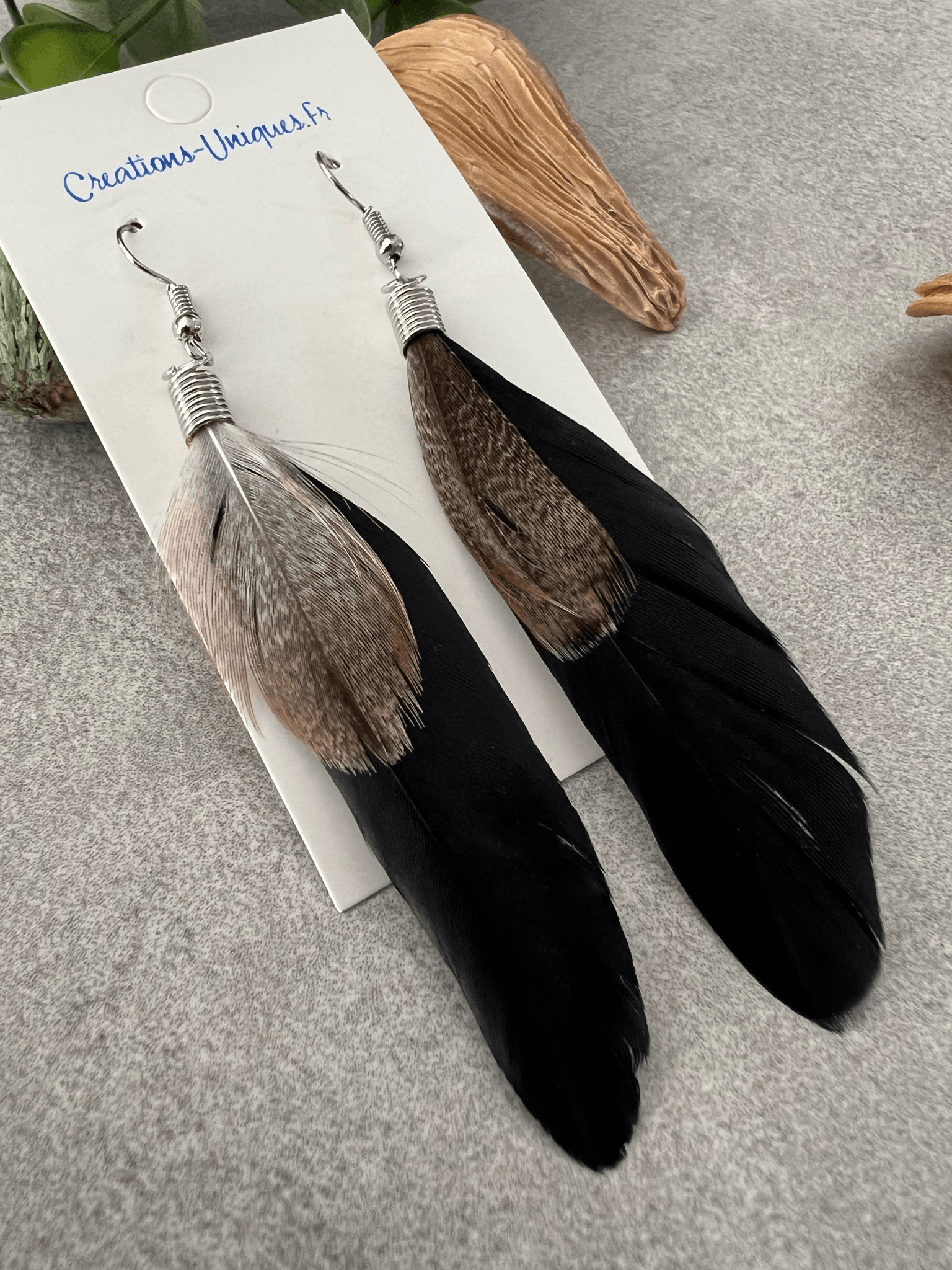Boucles d’oreilles SONIA longues plumes noires - Créations Uniques