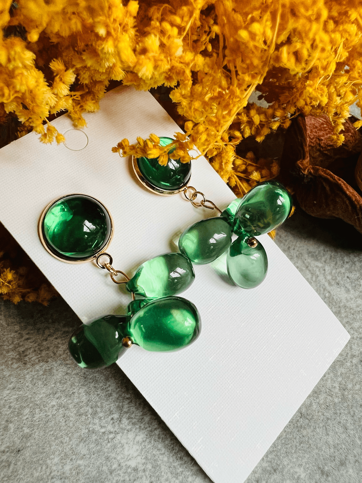 Boucles d’oreilles ROSA gouttes vertes transparentes superposées - Créations Uniques