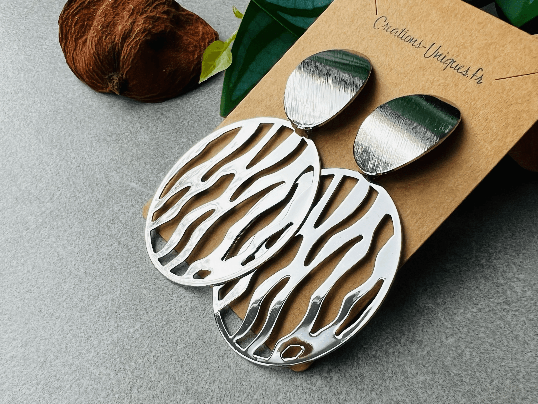 Boucles d’oreilles MARILOU 2 ovale zébré argenté - Créations Uniques