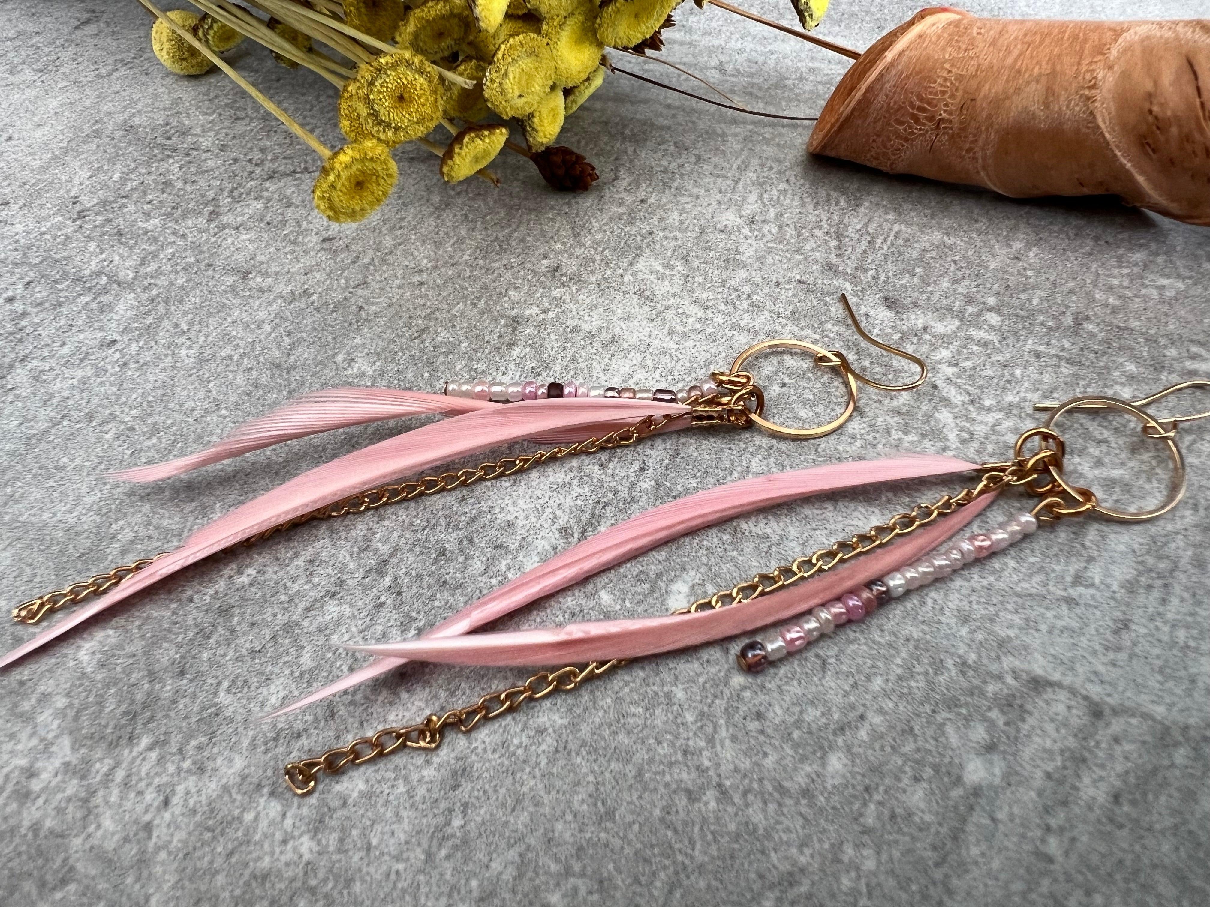 Boucles d’oreilles TANNYA fines plumes rose clair - Créations Uniques