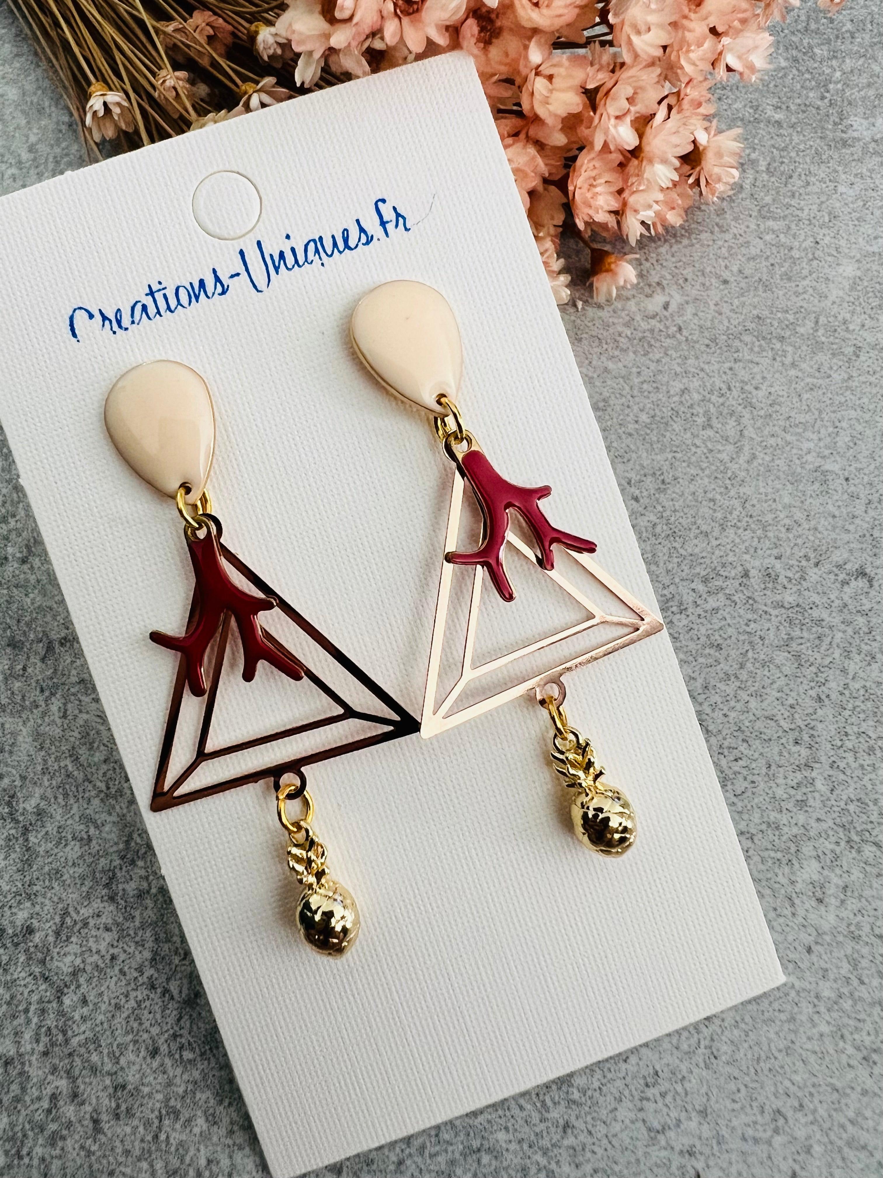 Boucles d’oreilles CORAIL triangles rosé thème plage et ananas - Créations Uniques - Créations Uniques