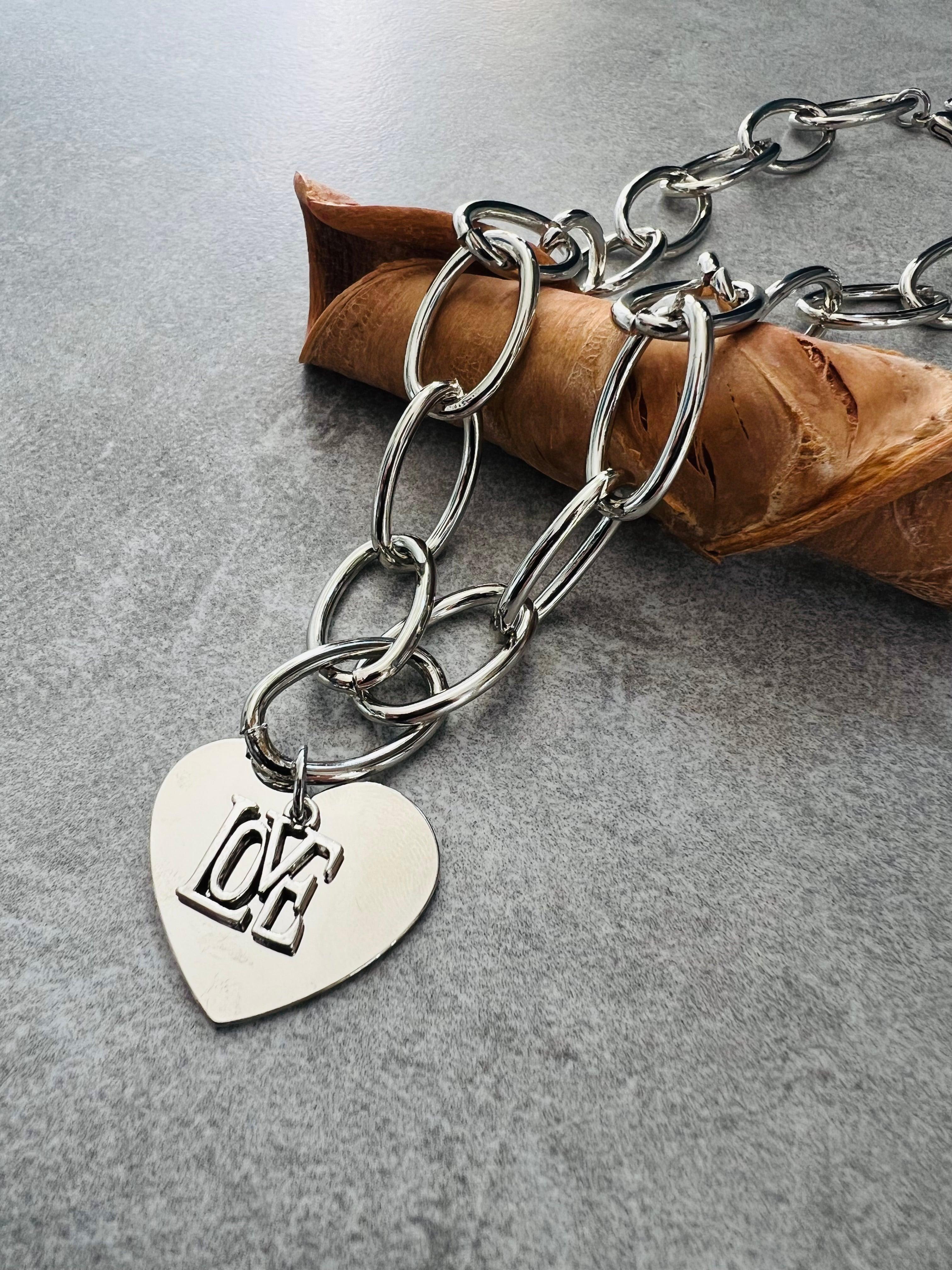 Collier CASSIE pendentif cœur et love superposés, chaîne gris maillons , acier inoxydable - Créations Uniques - Créations Uniques