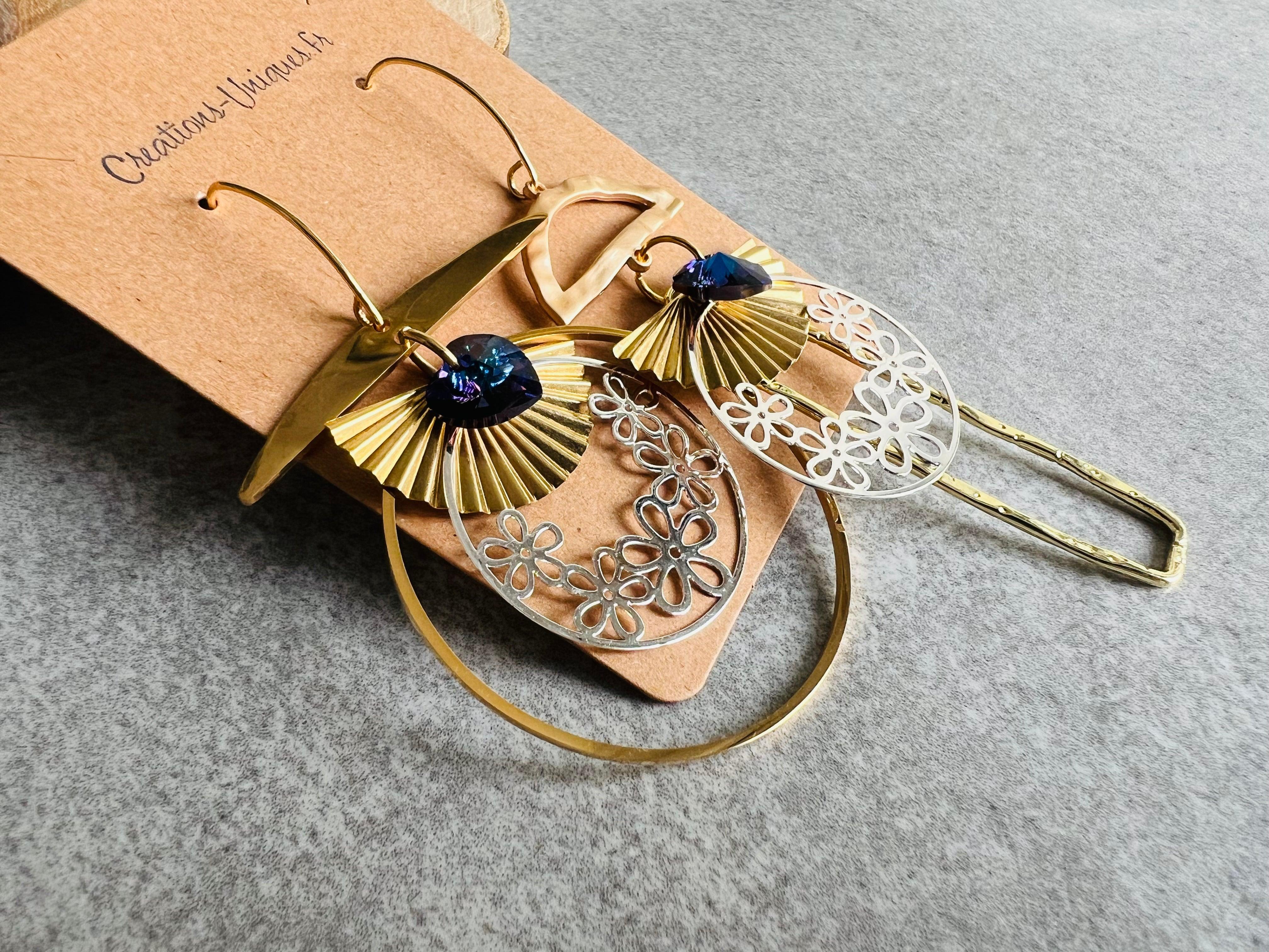 Boucles d’oreilles asymétriques ANNIE ronds et rectangles dorés - Créations Uniques - Créations Uniques