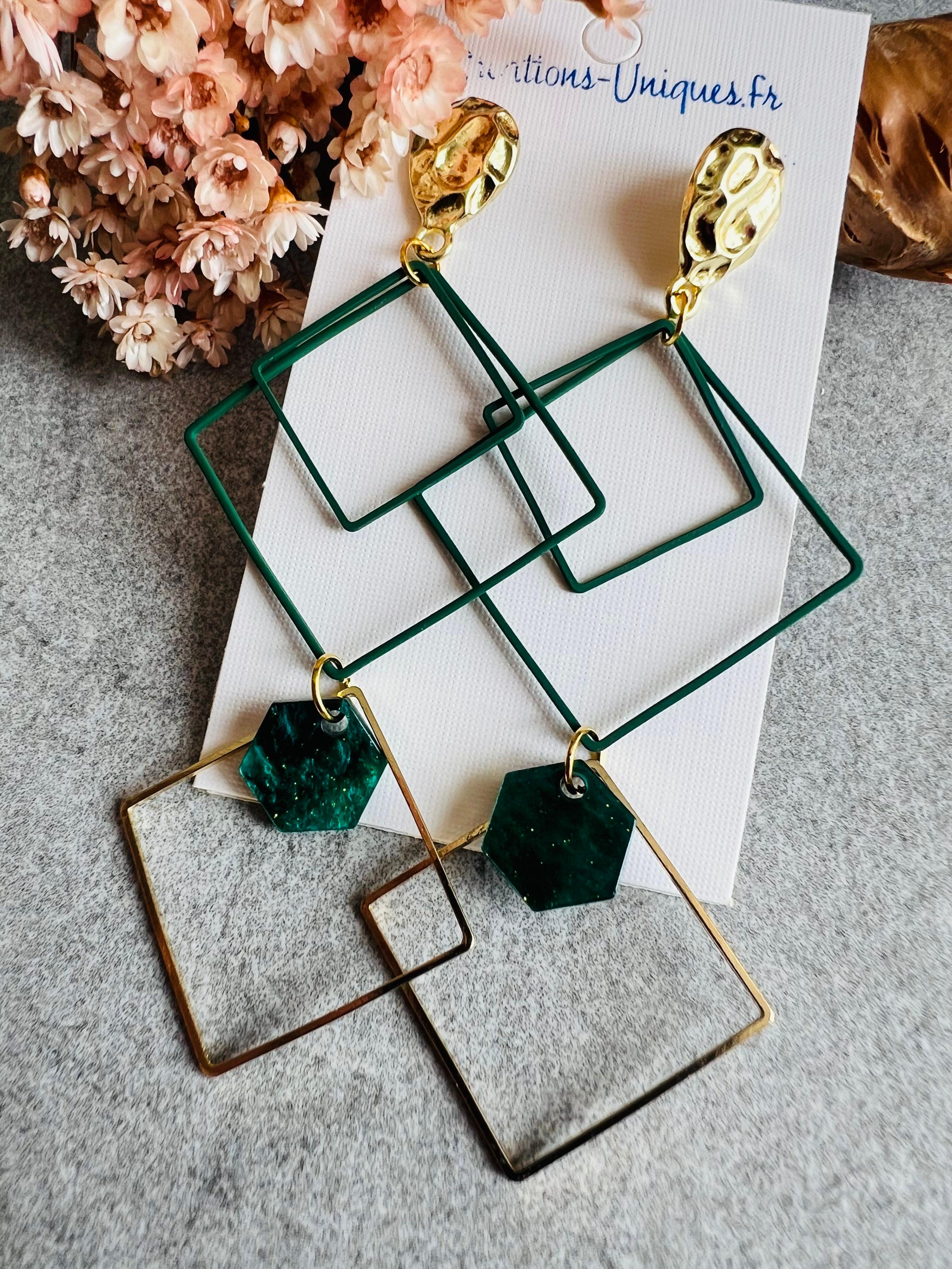 Boucles d’oreilles STELLA losanges verts et dorés - Créations Uniques - Créations Uniques