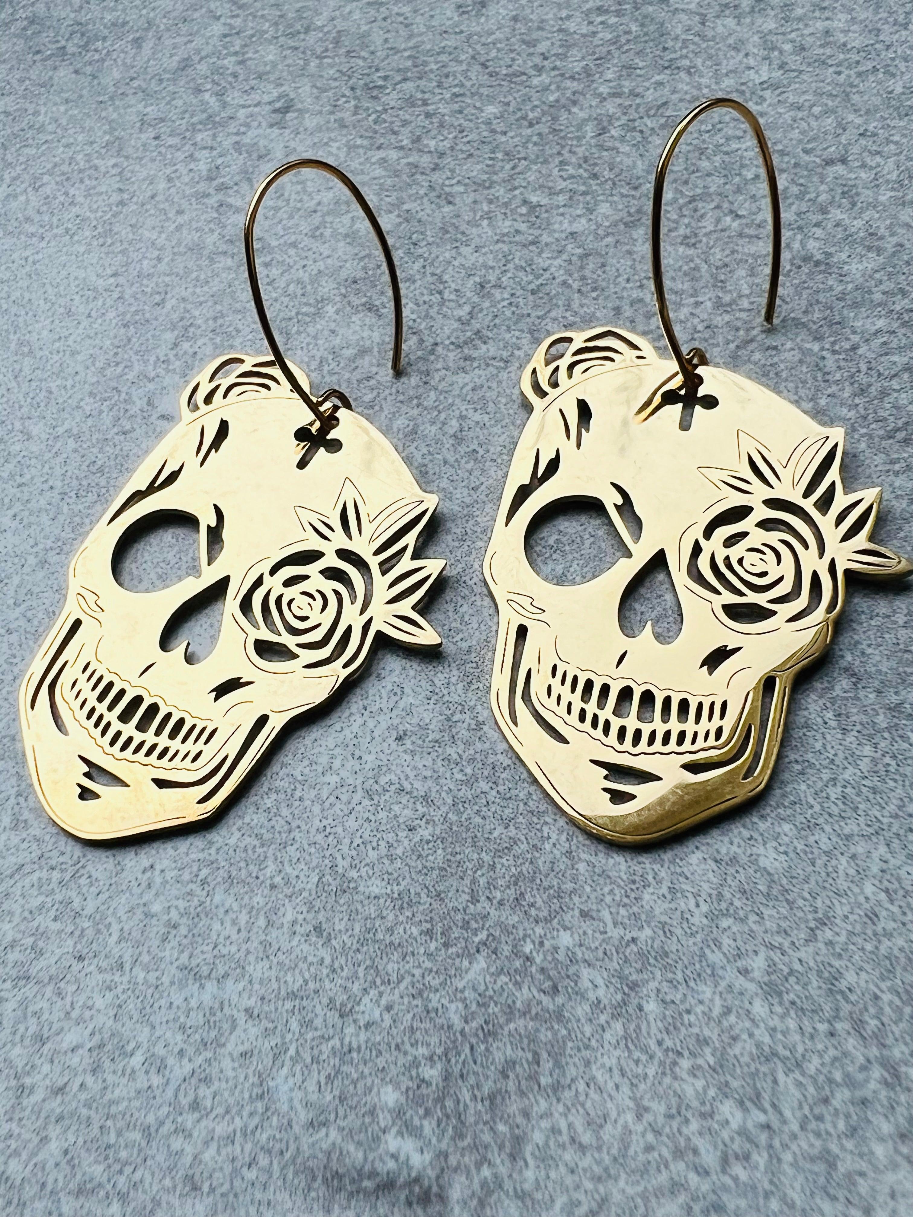 Boucles d’oreilles INGRID tête de mort mexicaine dorée - Créations Uniques - Créations Uniques