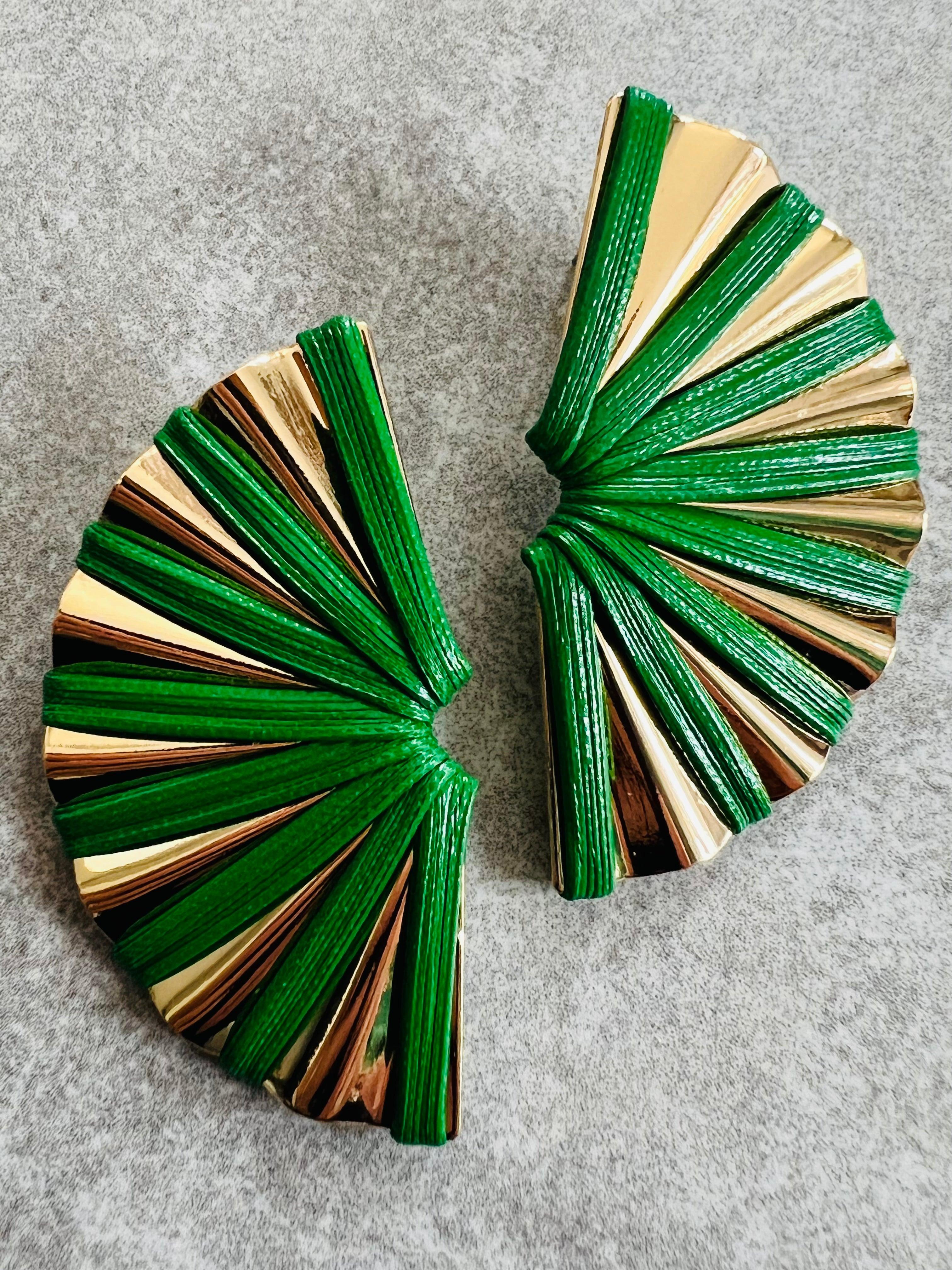 Boucles d’oreilles PENELOPE éventail vert et doré - Créations Uniques