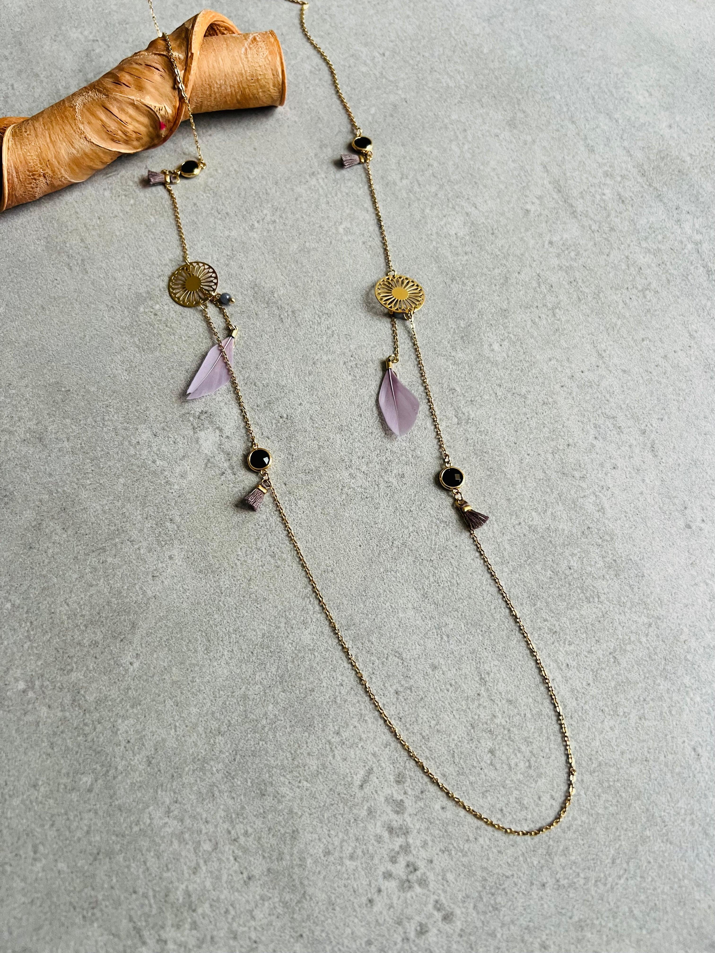Collier MIKAELA plumes violet mauve - Créations Uniques