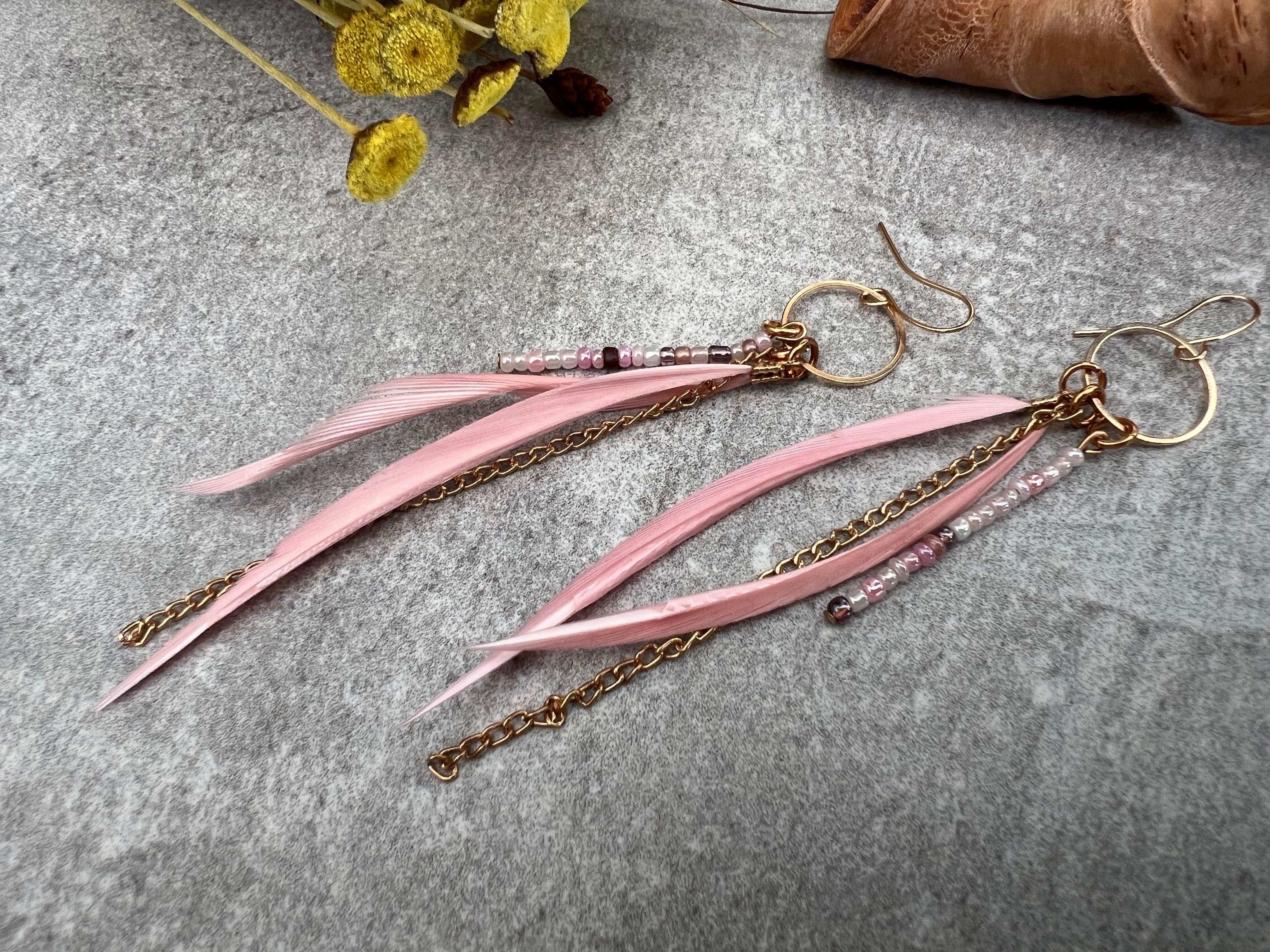 Boucles d’oreilles TANNYA fines plumes rose clair - Créations Uniques