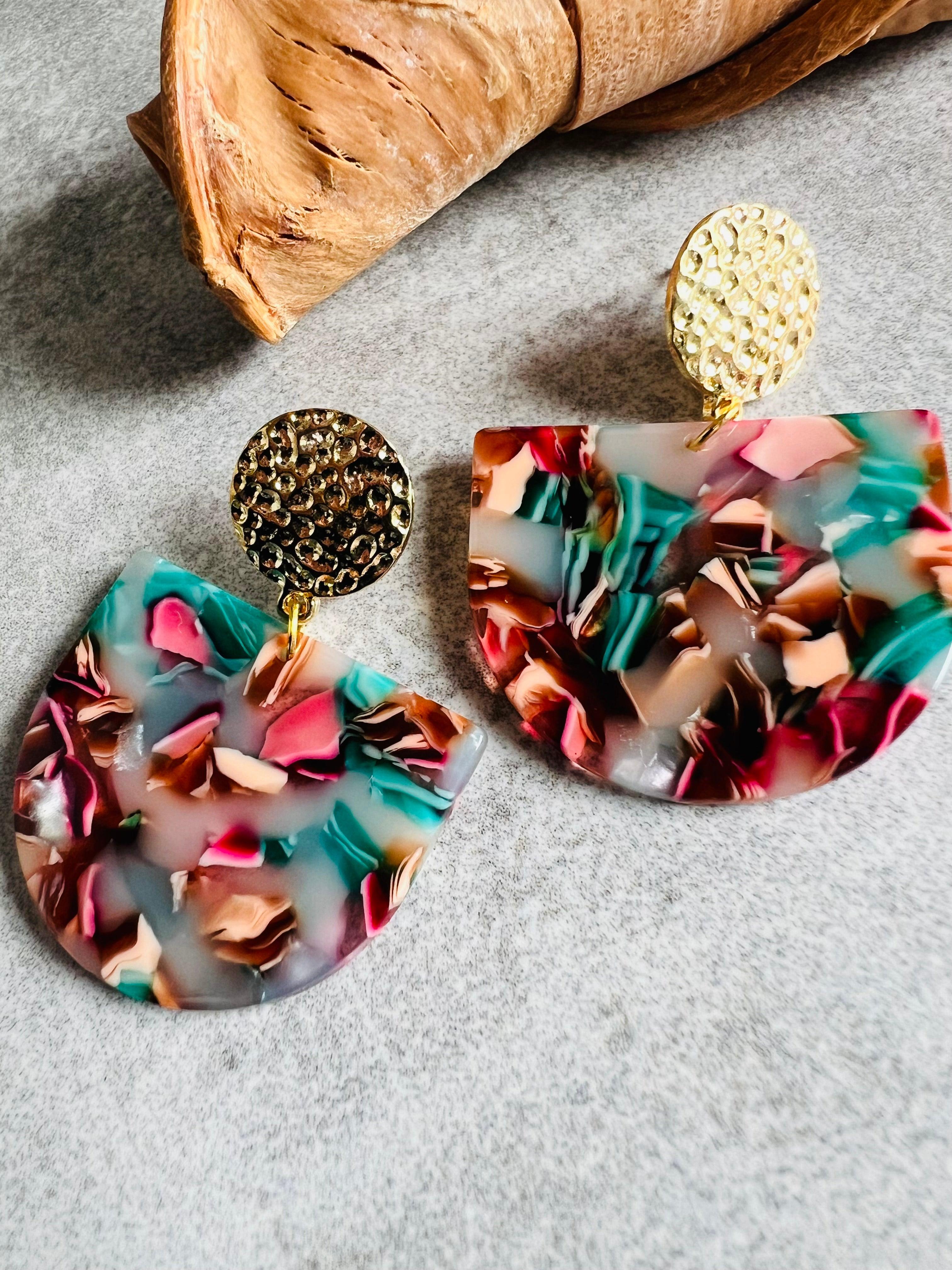 Boucles d’oreilles ANNE-CELINE résine rose bleue - Créations Uniques - Créations Uniques