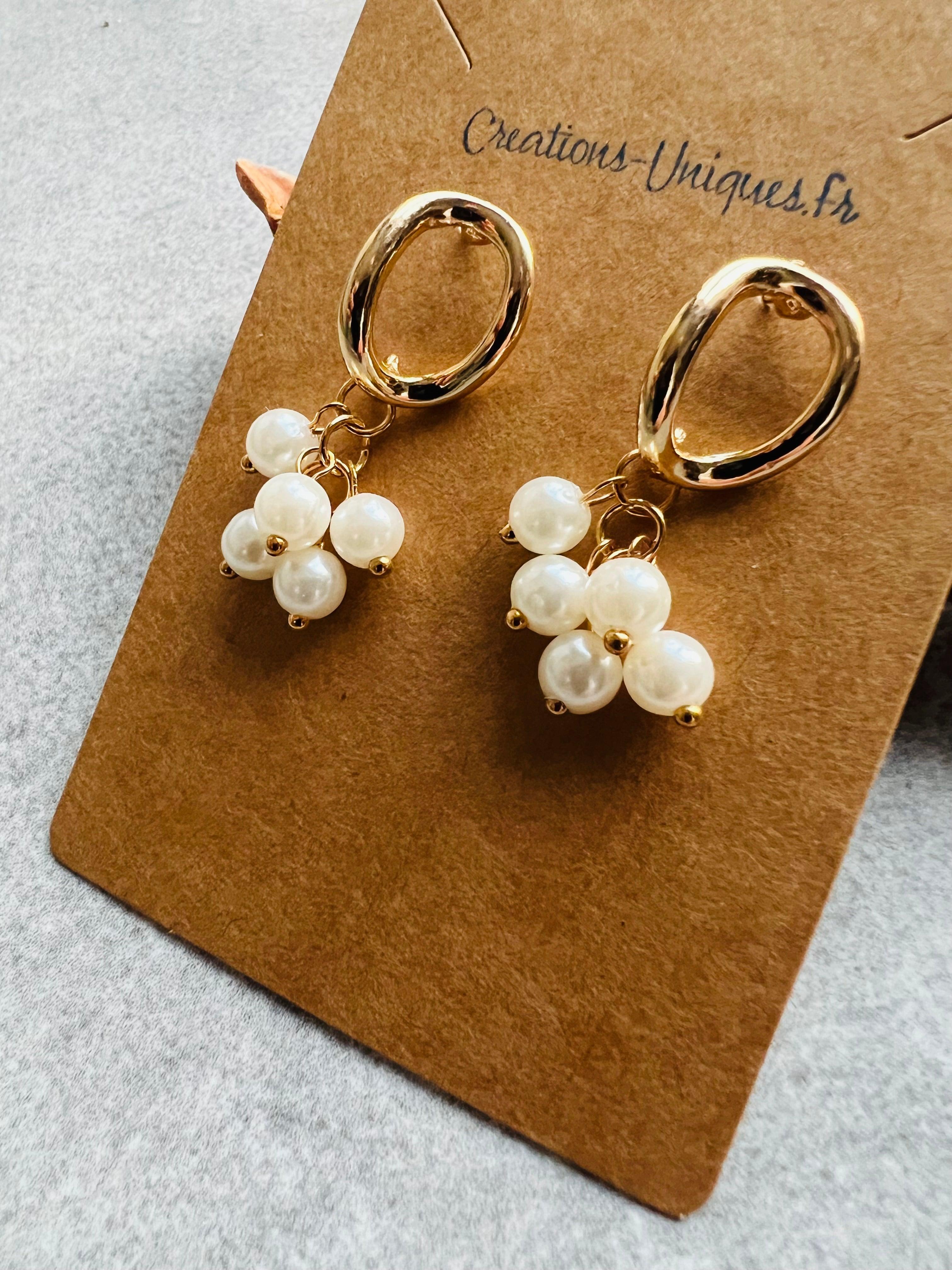 Boucles d’oreilles courtes RENÉE perles blanc nacré - Créations Uniques
