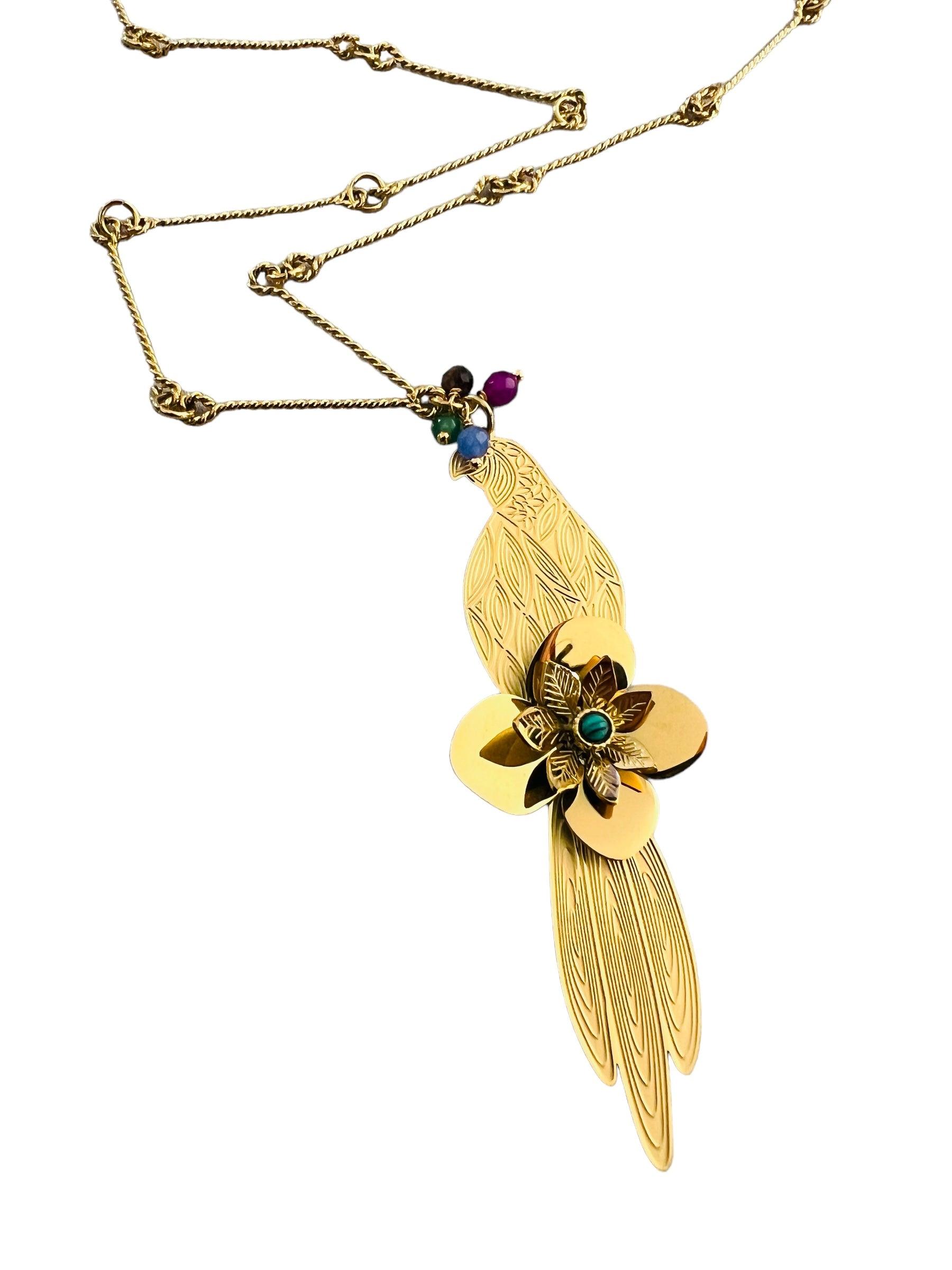 Collier sautoir TIFANIE pendentif perroquet doré - Créations Uniques