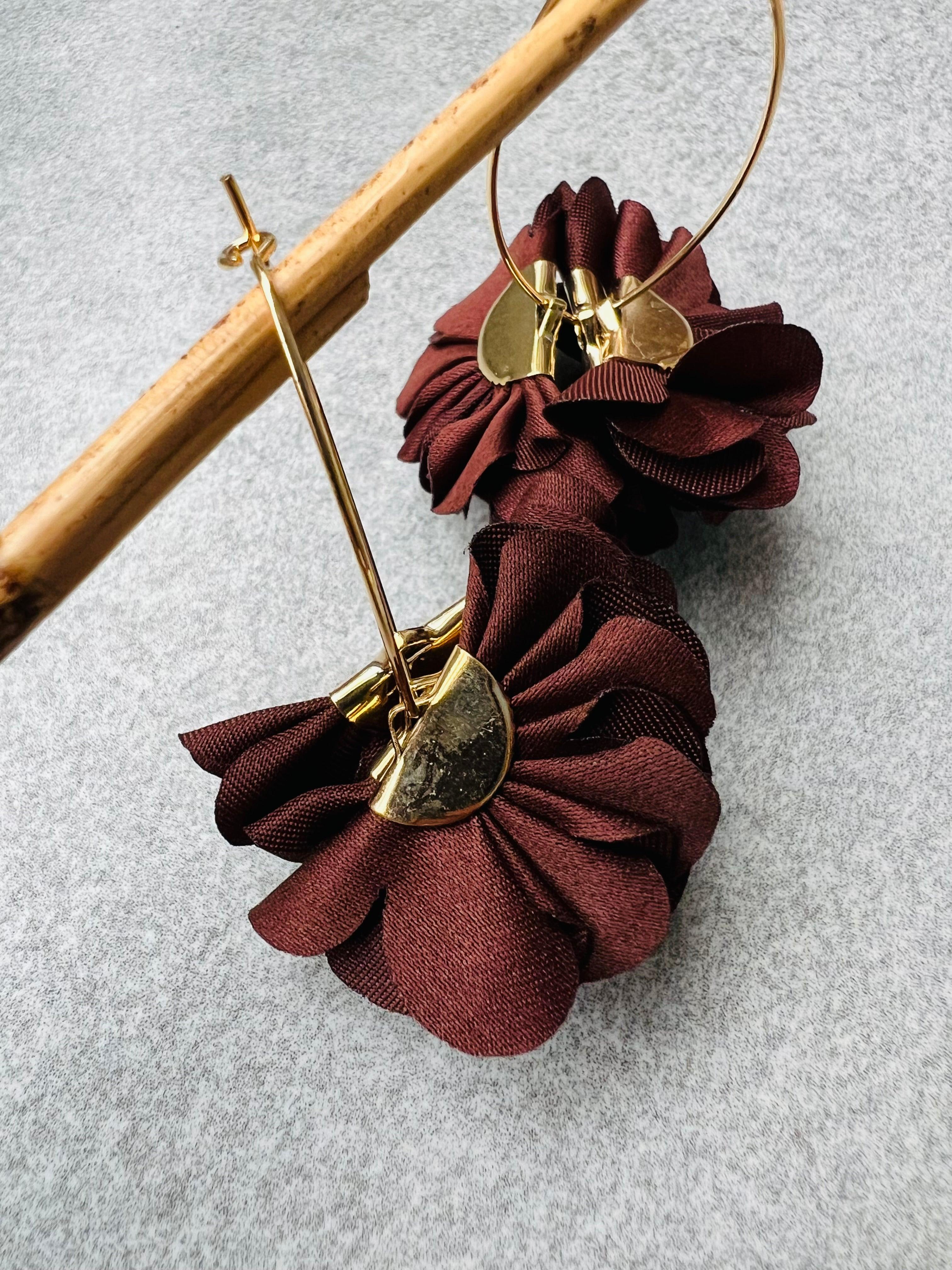 Boucles d’oreilles PATY pampilles tissu marron chocolat - Créations Uniques - Créations Uniques