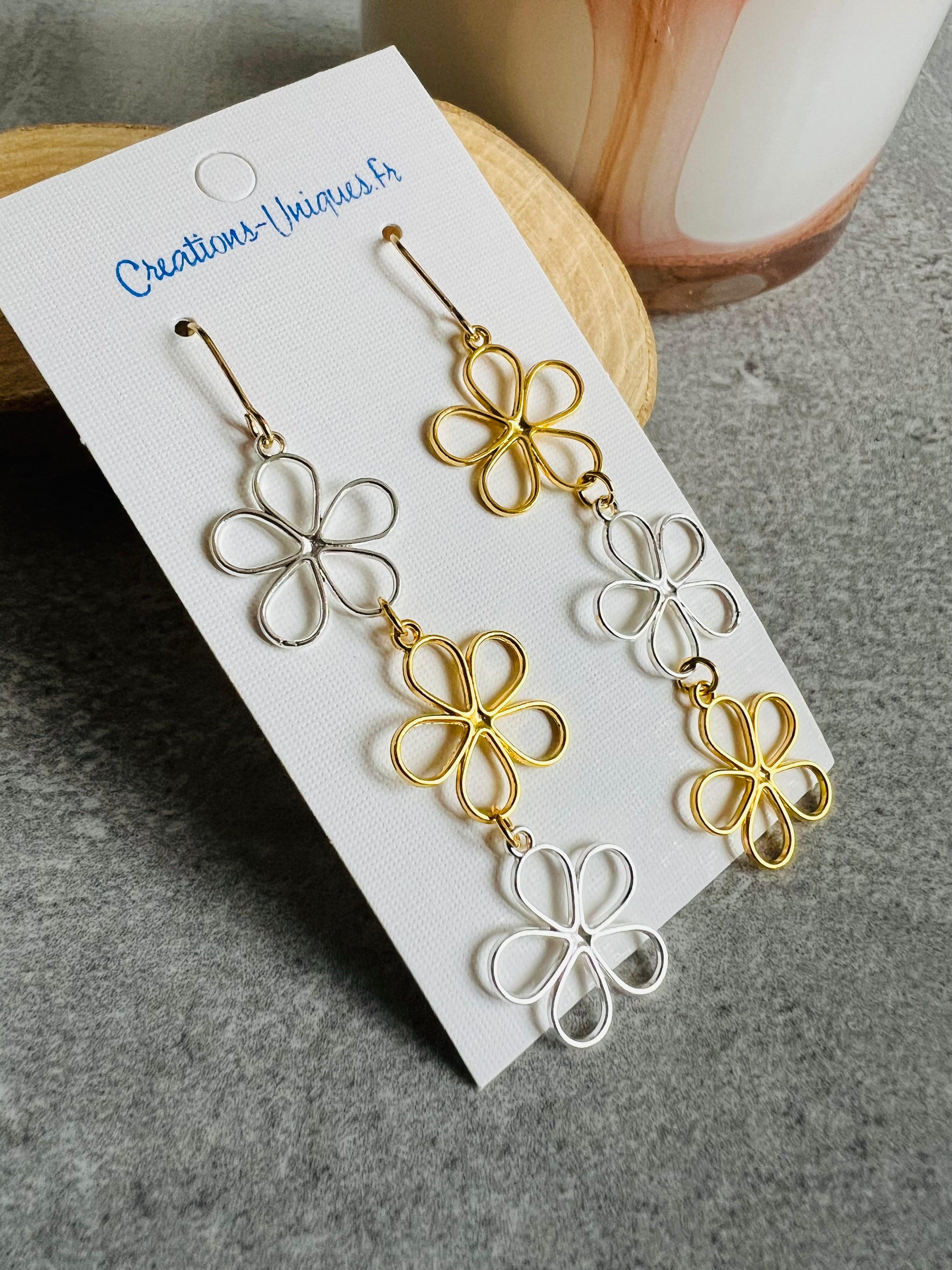 Boucles d’oreilles LAURA fleurs argentées et dorées, asymétriques - Créations Uniques - Créations Uniques