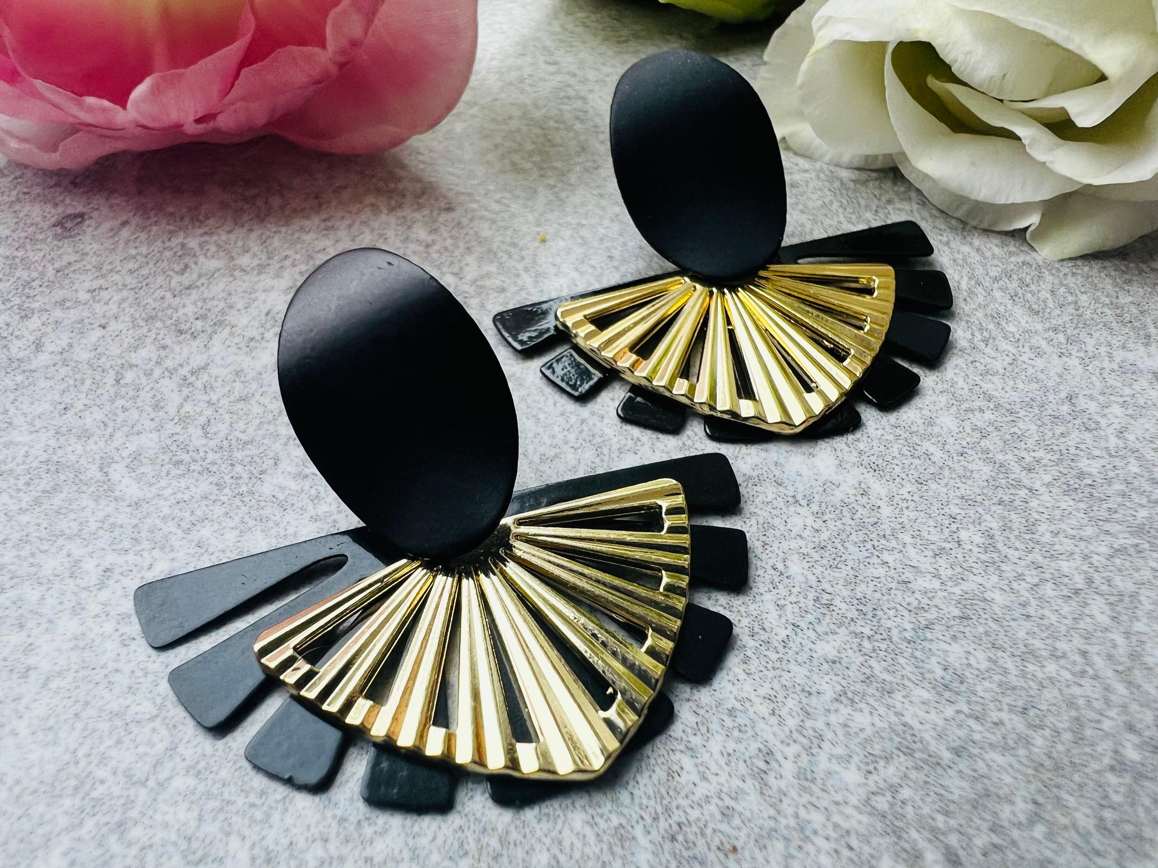 Boucles d’oreilles LALY éventails noirs et dorés superposés - Créations Uniques - Créations Uniques