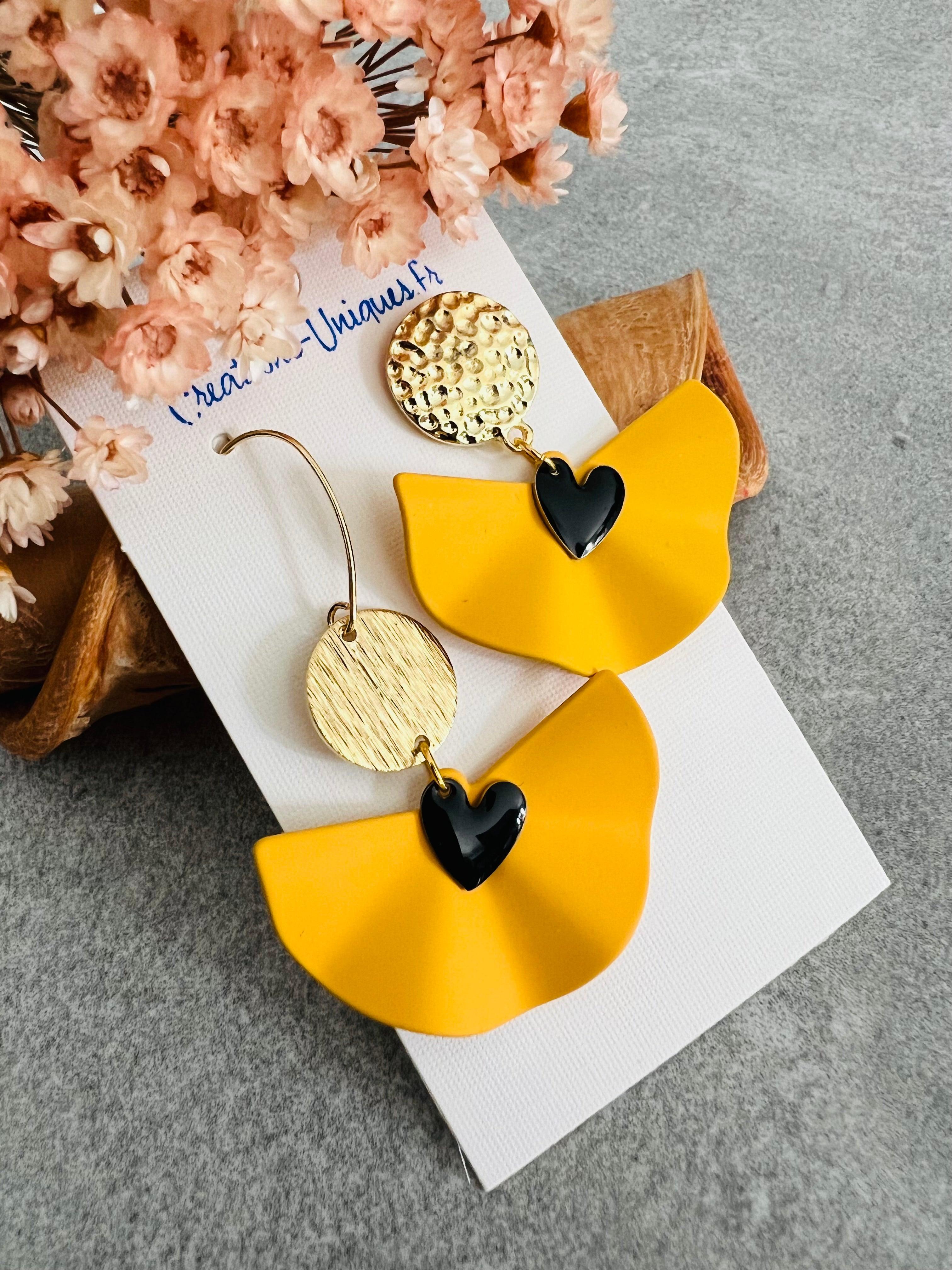 Boucles d’oreilles WENDY asymétriques éventail moutarde - Créations Uniques - Créations Uniques