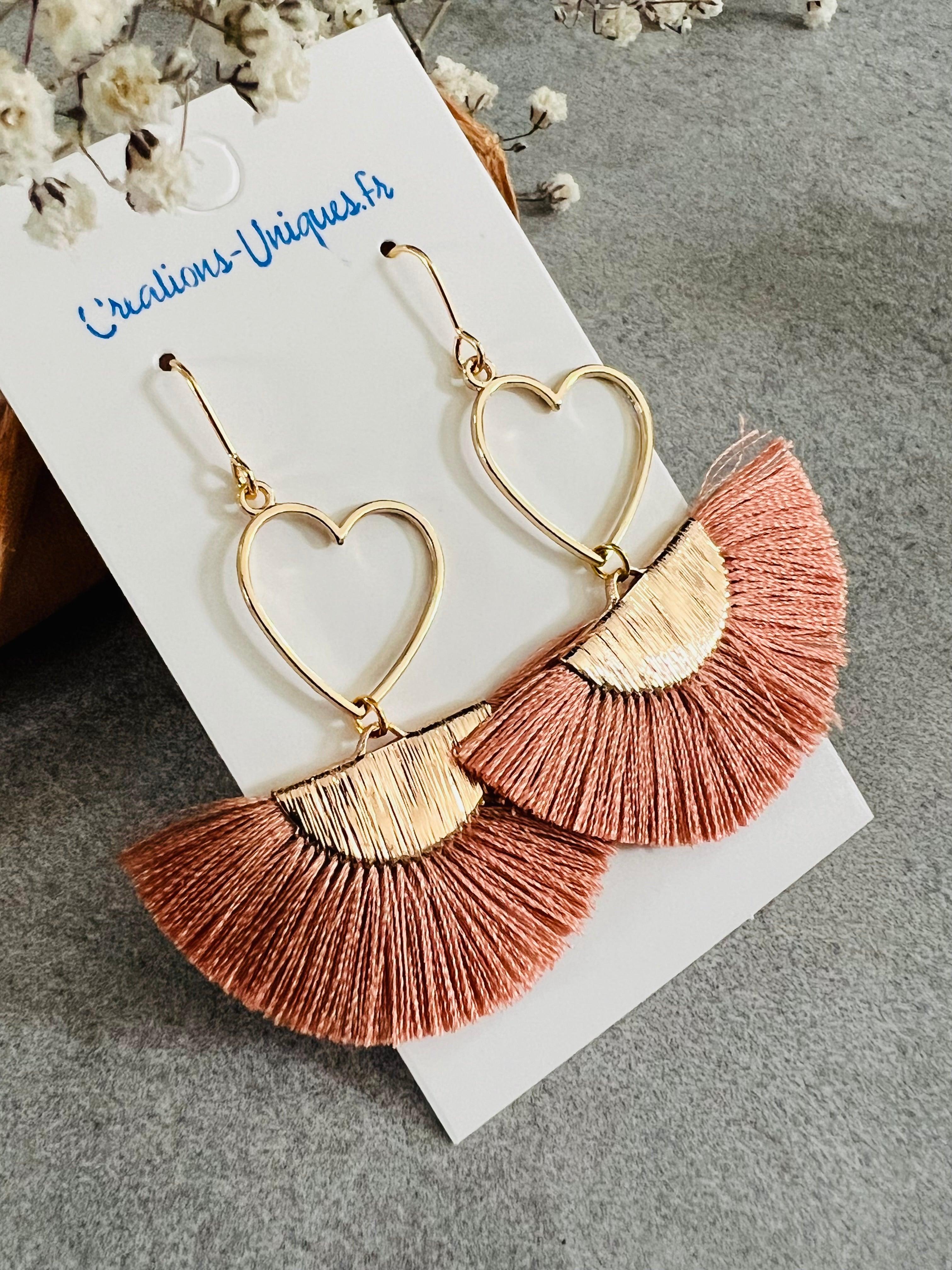 Boucles d’oreilles MARYLAUR cœurs dorés et éventail terracotta - Créations Uniques - Créations Uniques