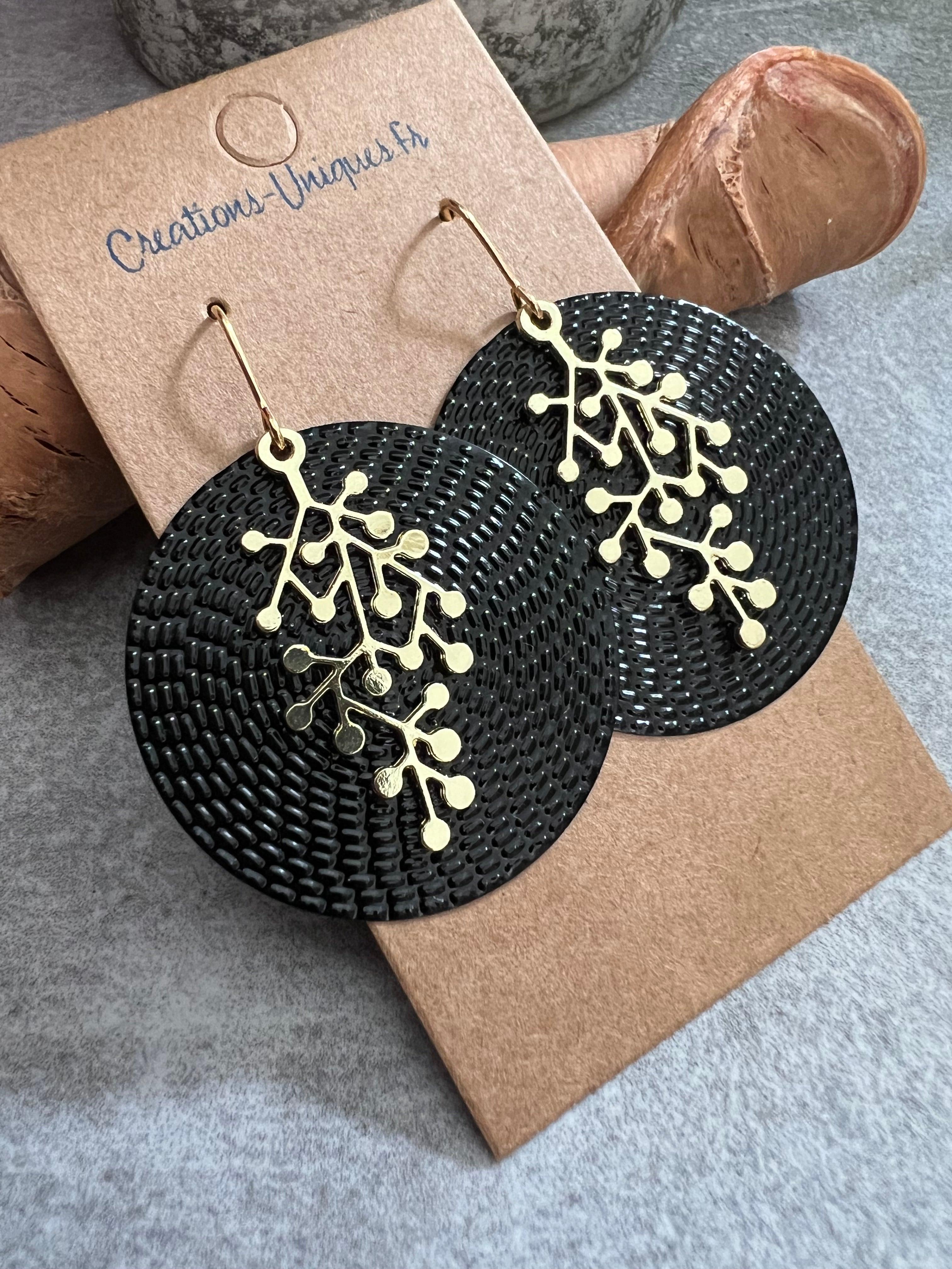 Boucles d’oreilles ELINA disques noirs et feuillage doré - Créations Uniques - Créations Uniques