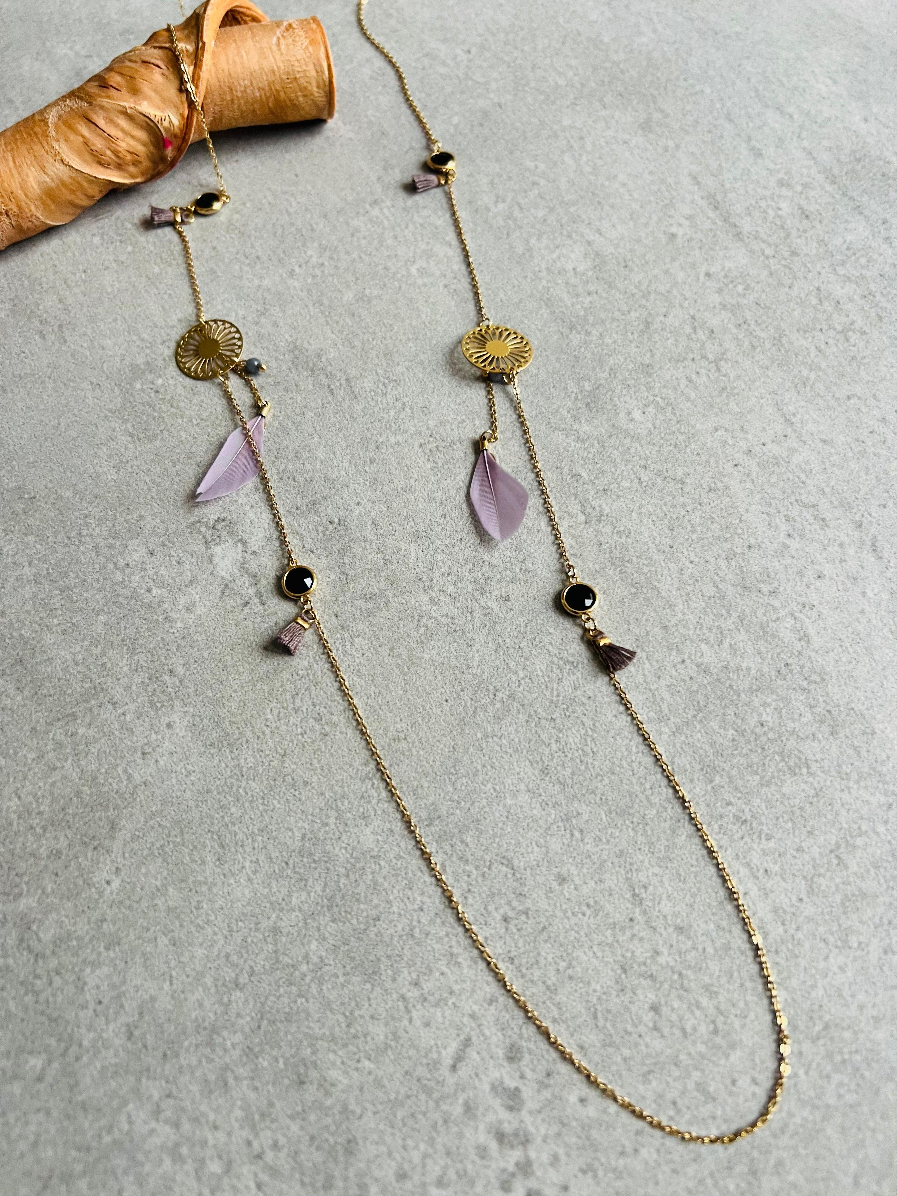 Collier MIKAELA plumes violet mauve - Créations Uniques