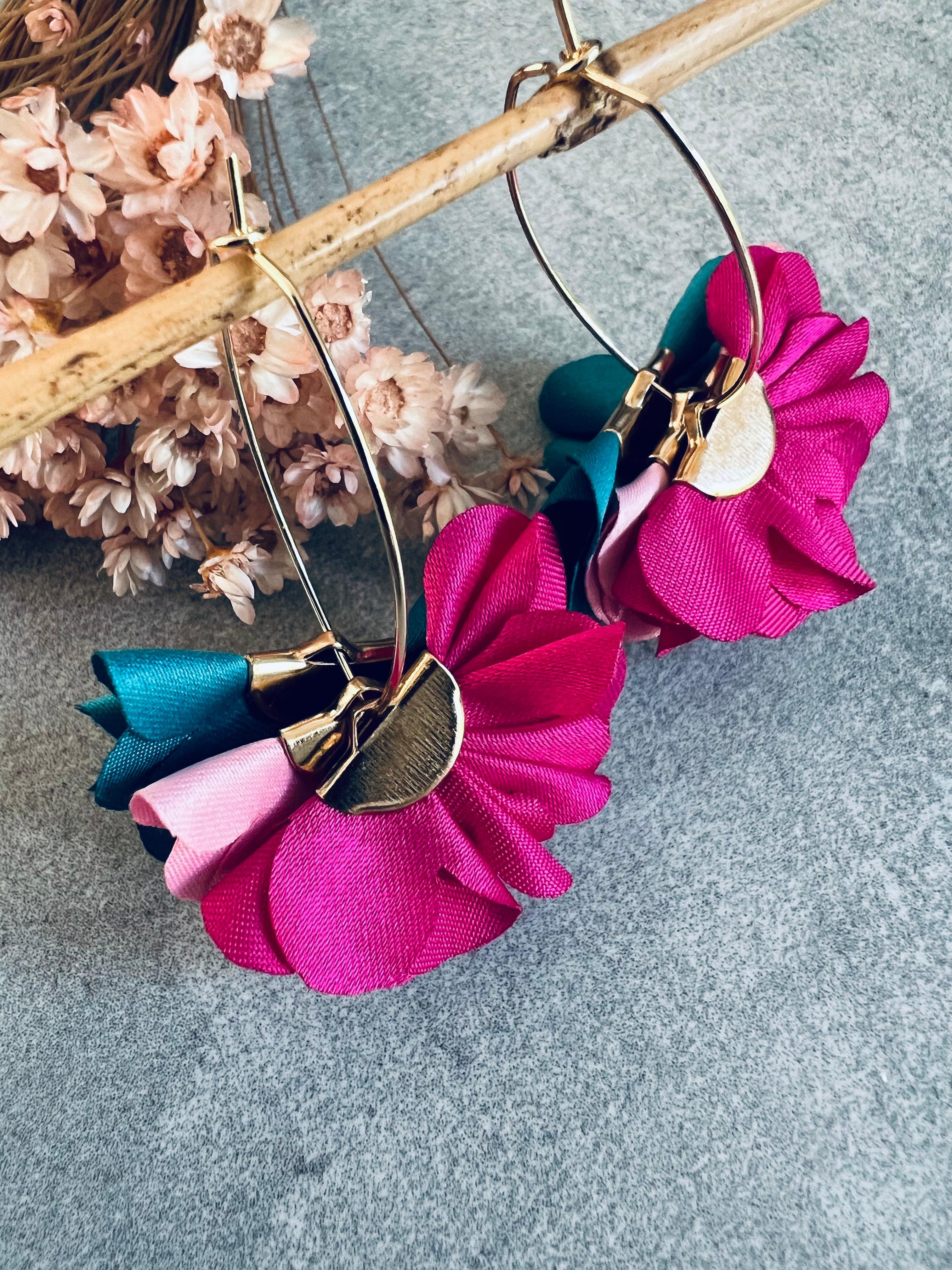 Boucles d’oreilles ZOE pampilles tissu tricolores - Créations Uniques - Créations Uniques