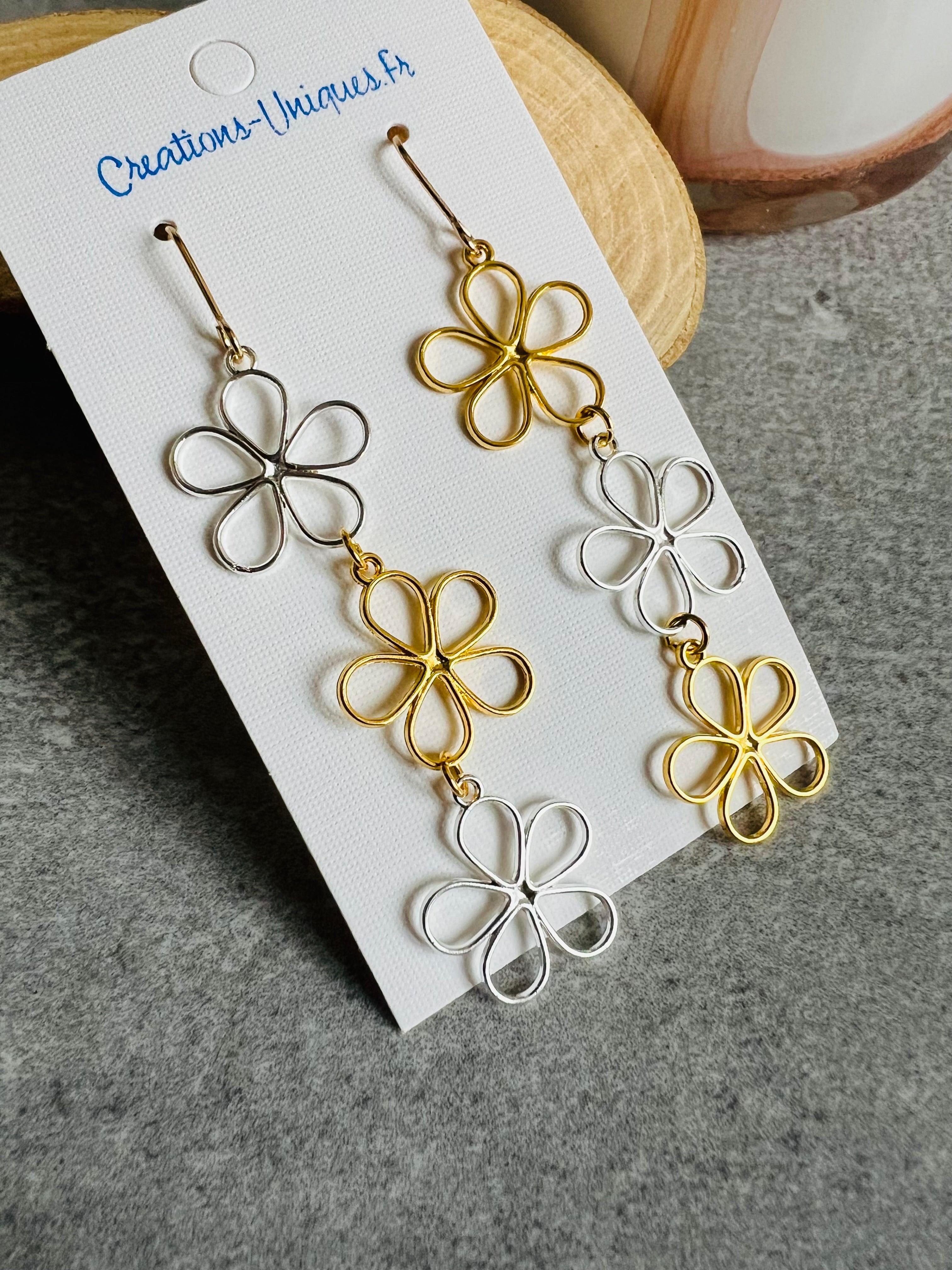 Boucles d’oreilles LAURA fleurs argentées et dorées, asymétriques - Créations Uniques - Créations Uniques
