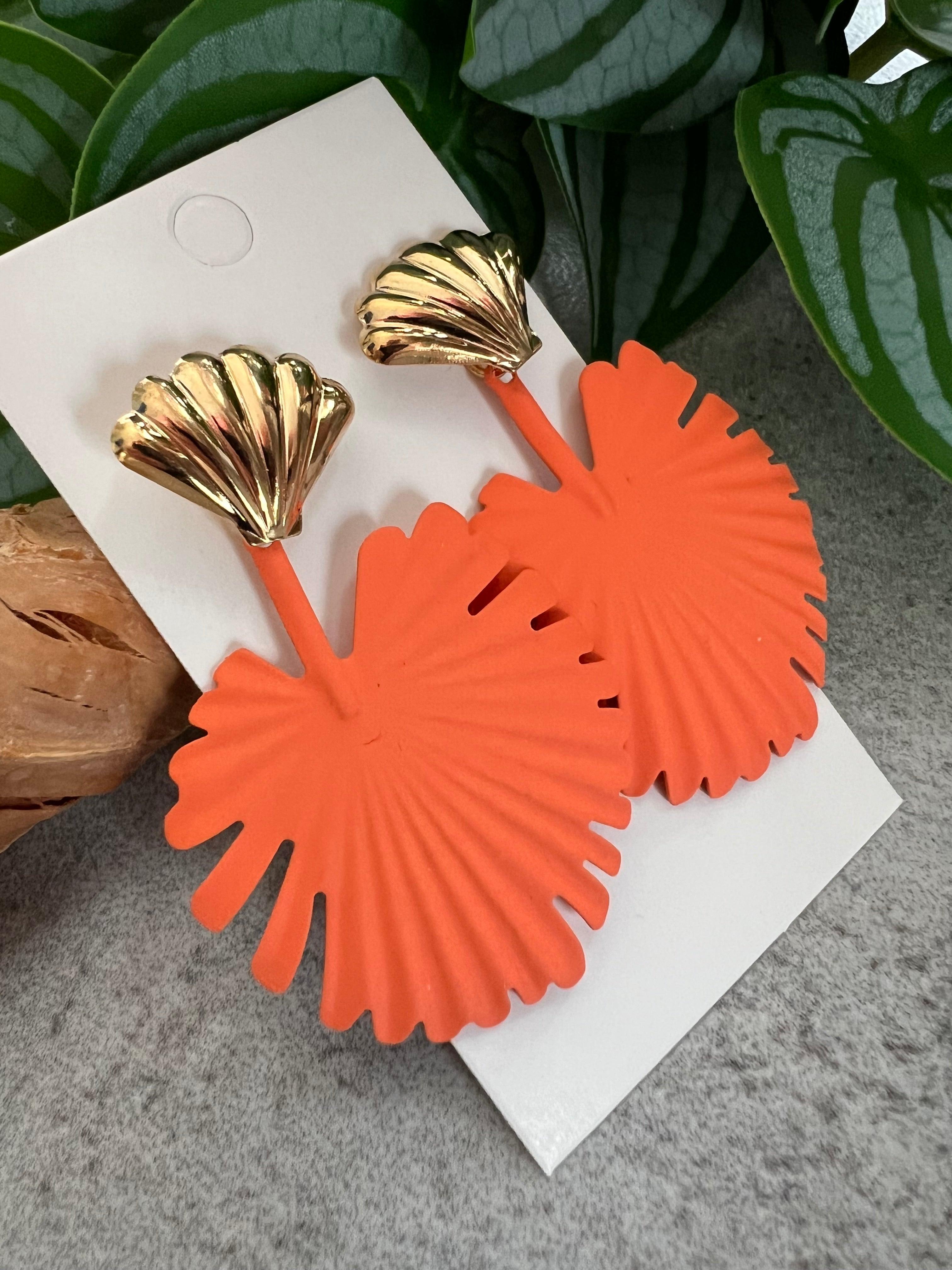 Boucles d’oreilles PHILOMENE feuilles tropicales oranges - Créations Uniques