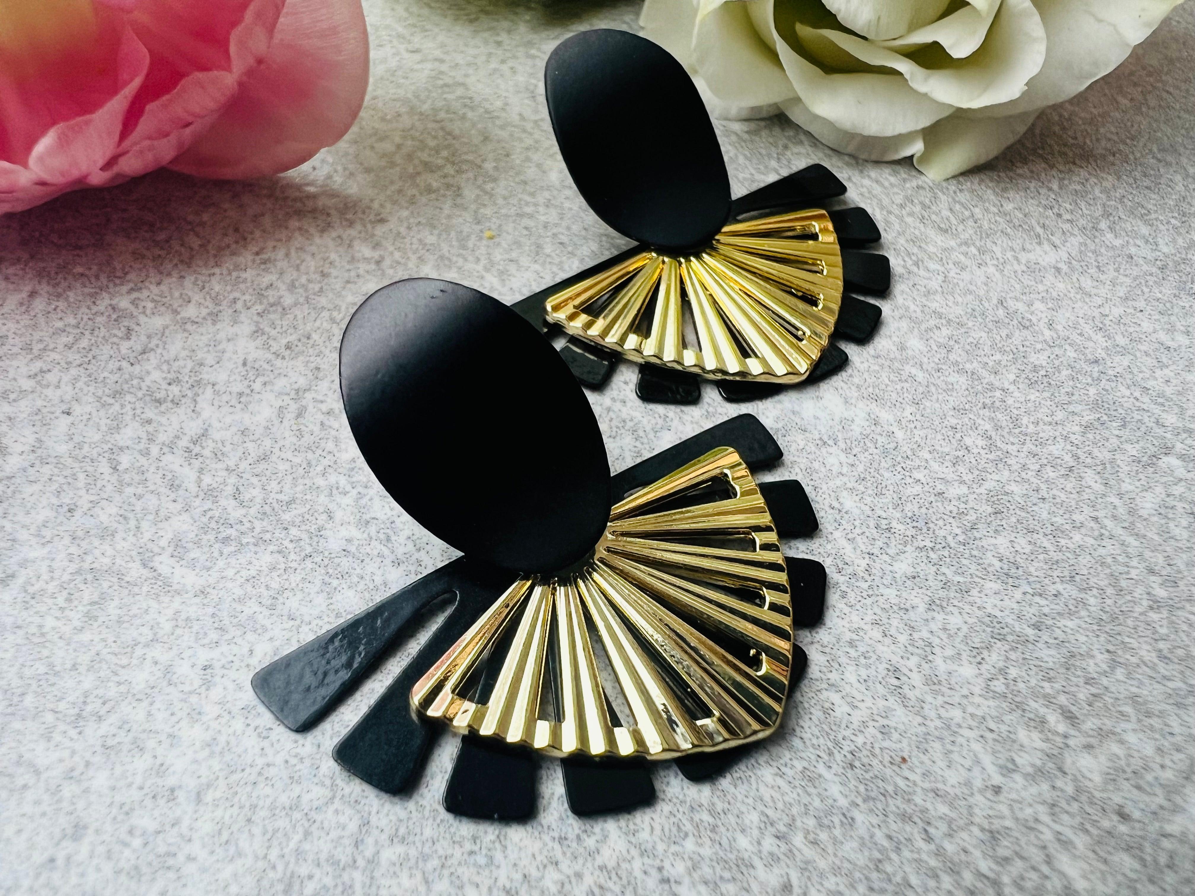 Boucles d’oreilles LALY éventails noirs et dorés superposés - Créations Uniques - Créations Uniques
