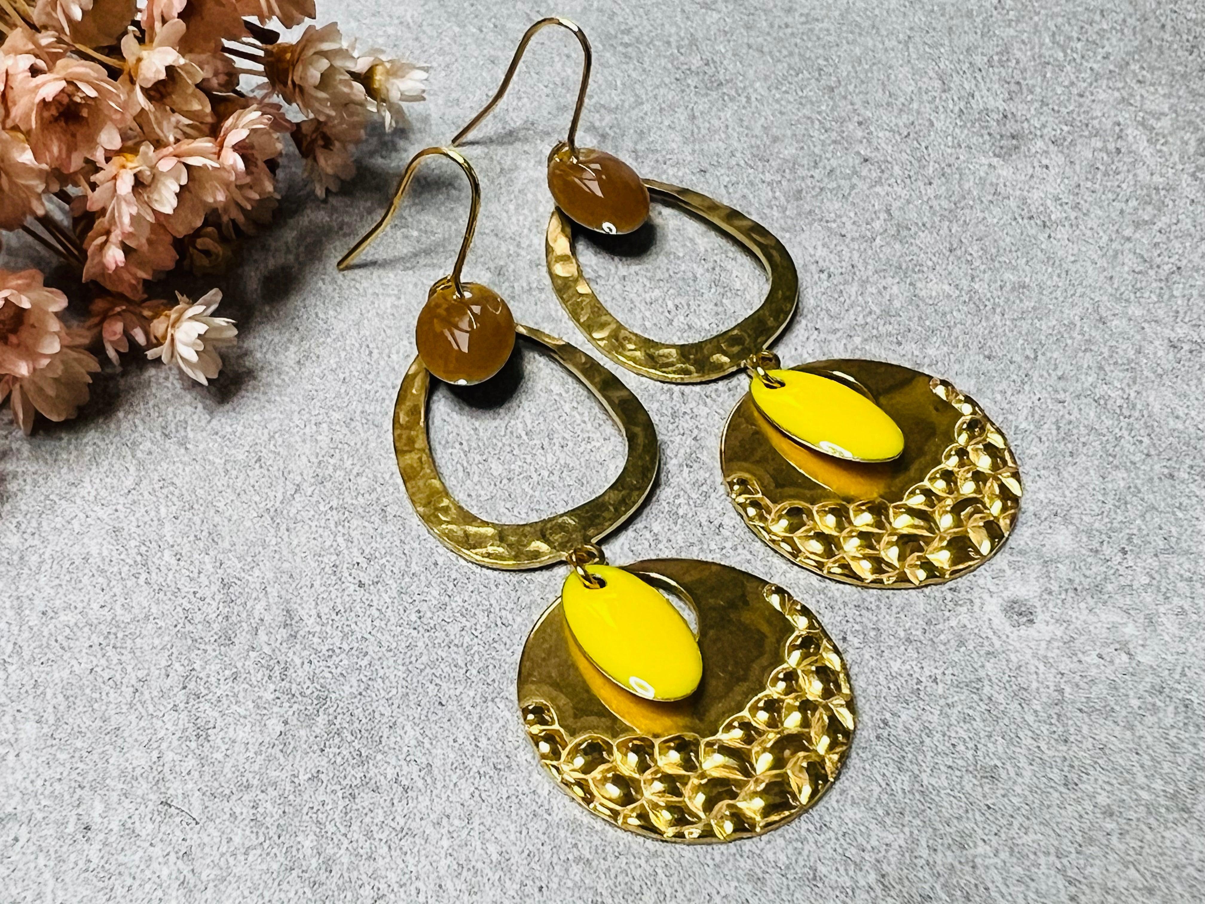 Boucles d’oreilles ALICIA gouttes marron jaune - Créations Uniques - Créations Uniques