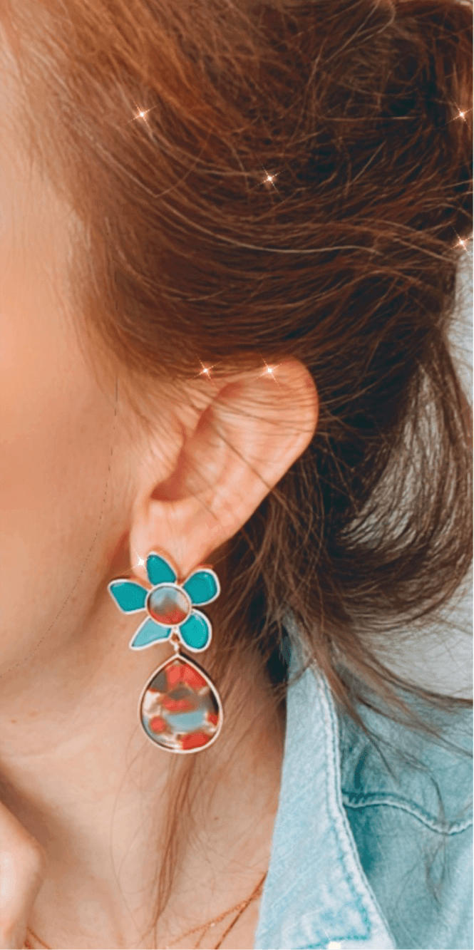 Boucles d’oreilles JANISSE fleur résine rouge turquoise - Créations Uniques