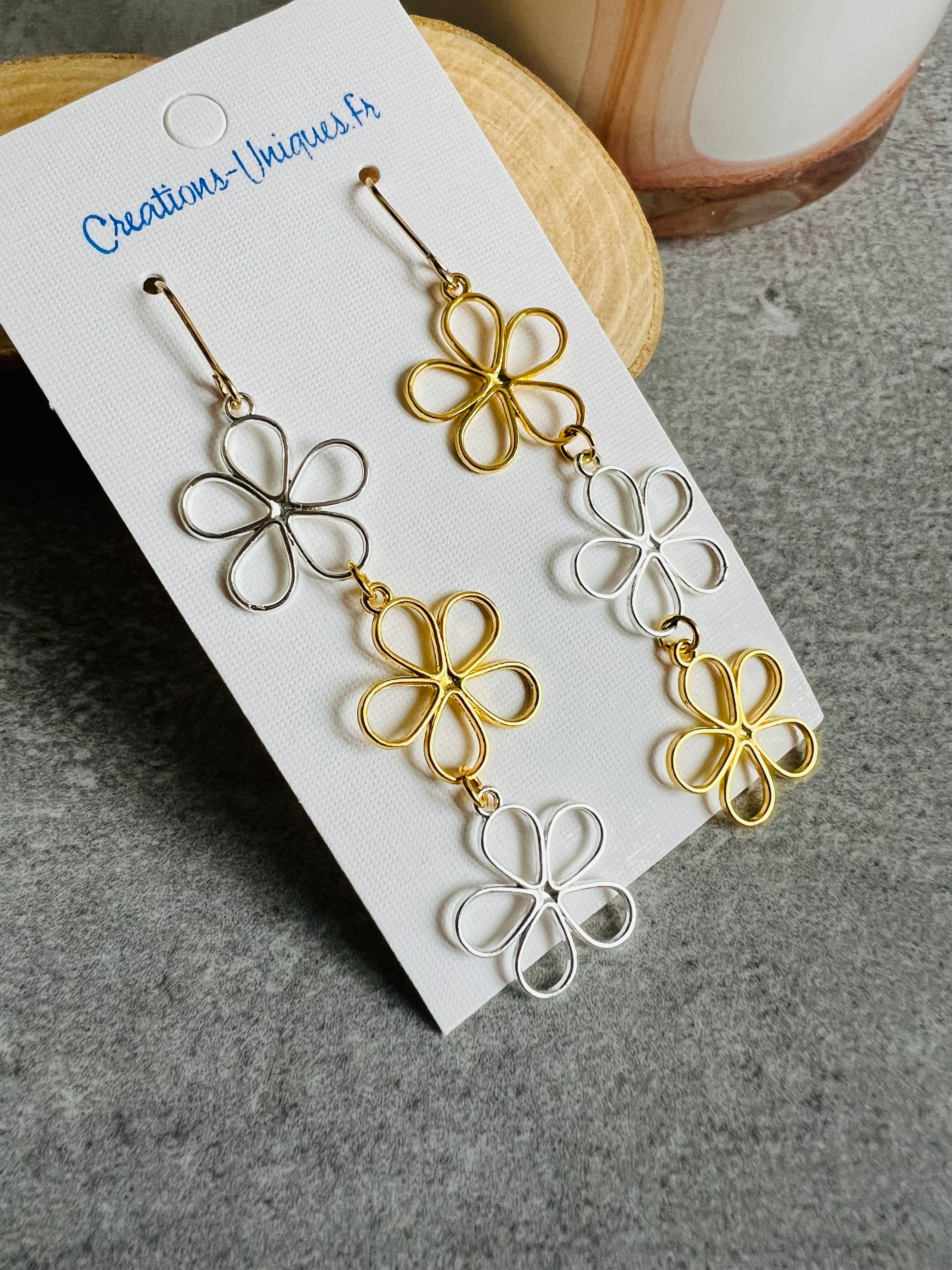 Boucles d’oreilles LAURA fleurs argentées et dorées, asymétriques - Créations Uniques - Créations Uniques