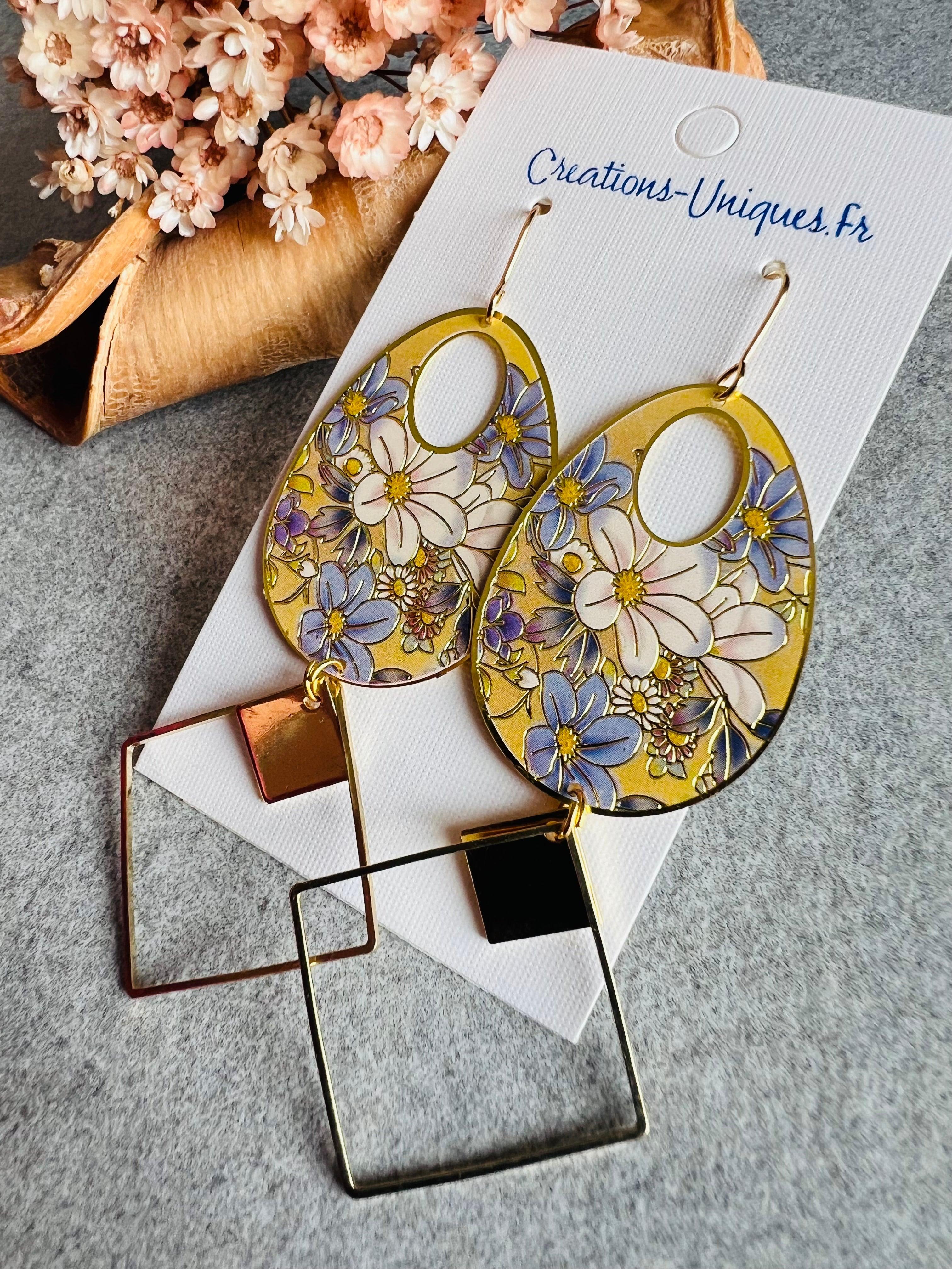 Boucles d’oreilles longues JESSY gouttes légères motif fleuri et losanges dorés - Créations Uniques - Créations Uniques