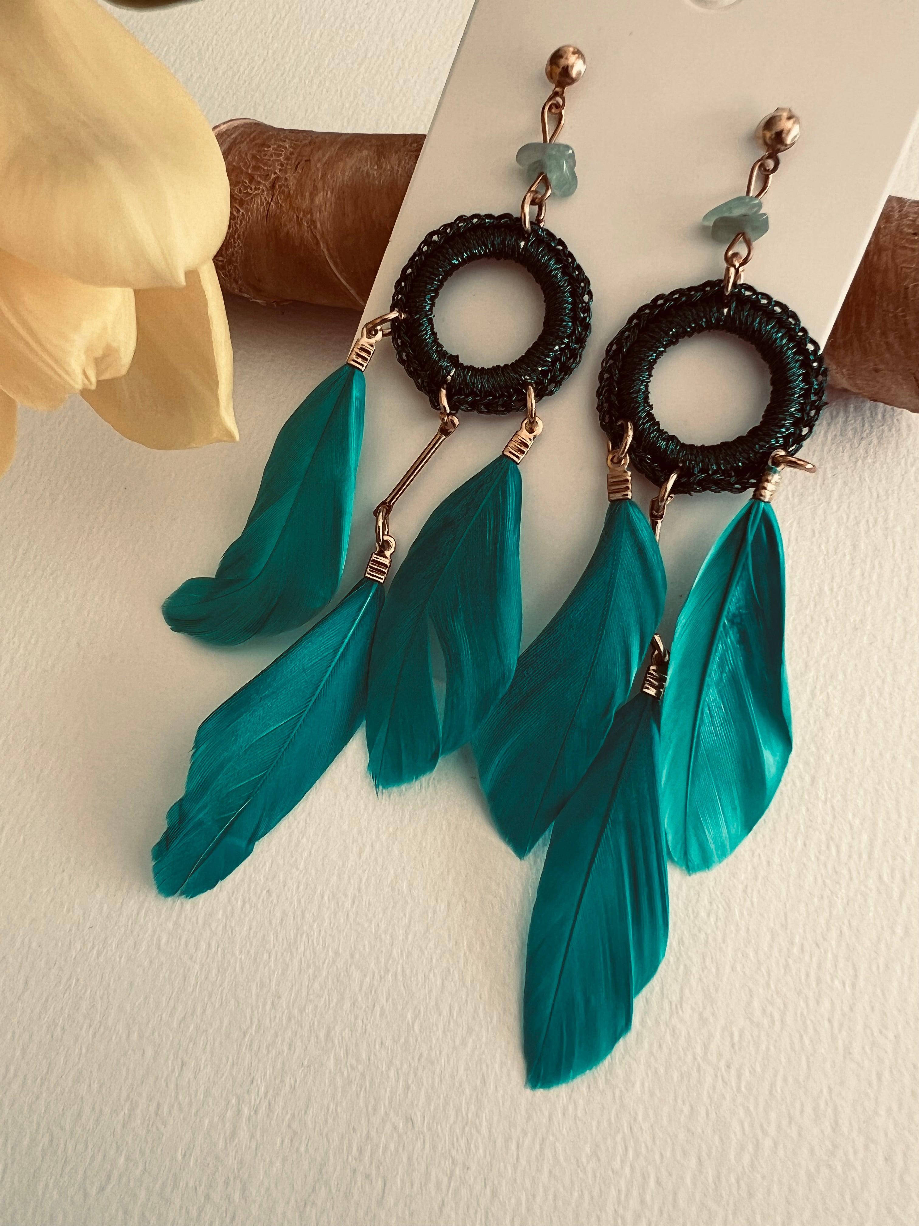 Boucles d’oreilles LIZA longues plumes turquoise - Créations Uniques