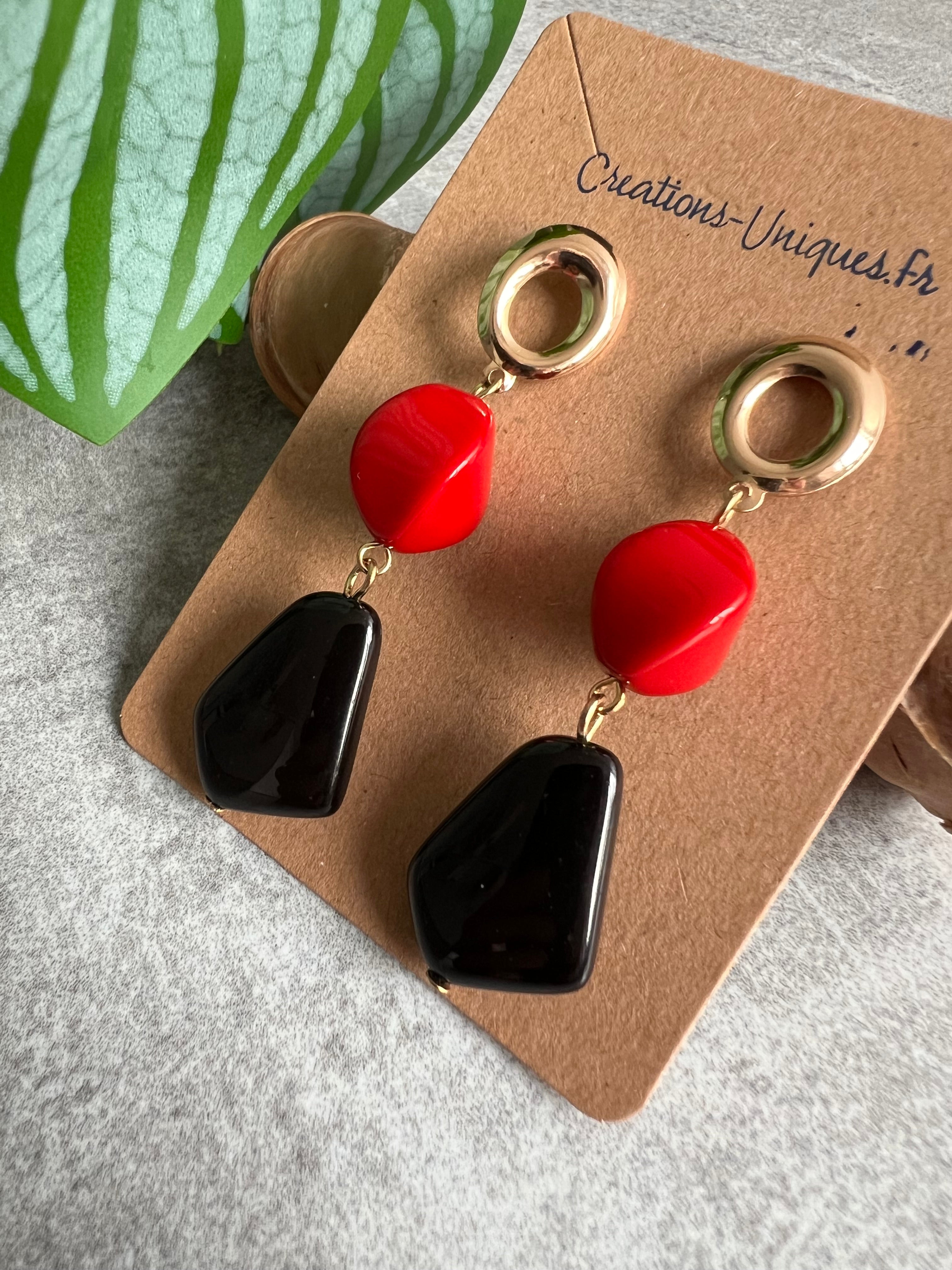 Boucles d’oreilles SOIZIC perles rouges et noires - Créations Uniques