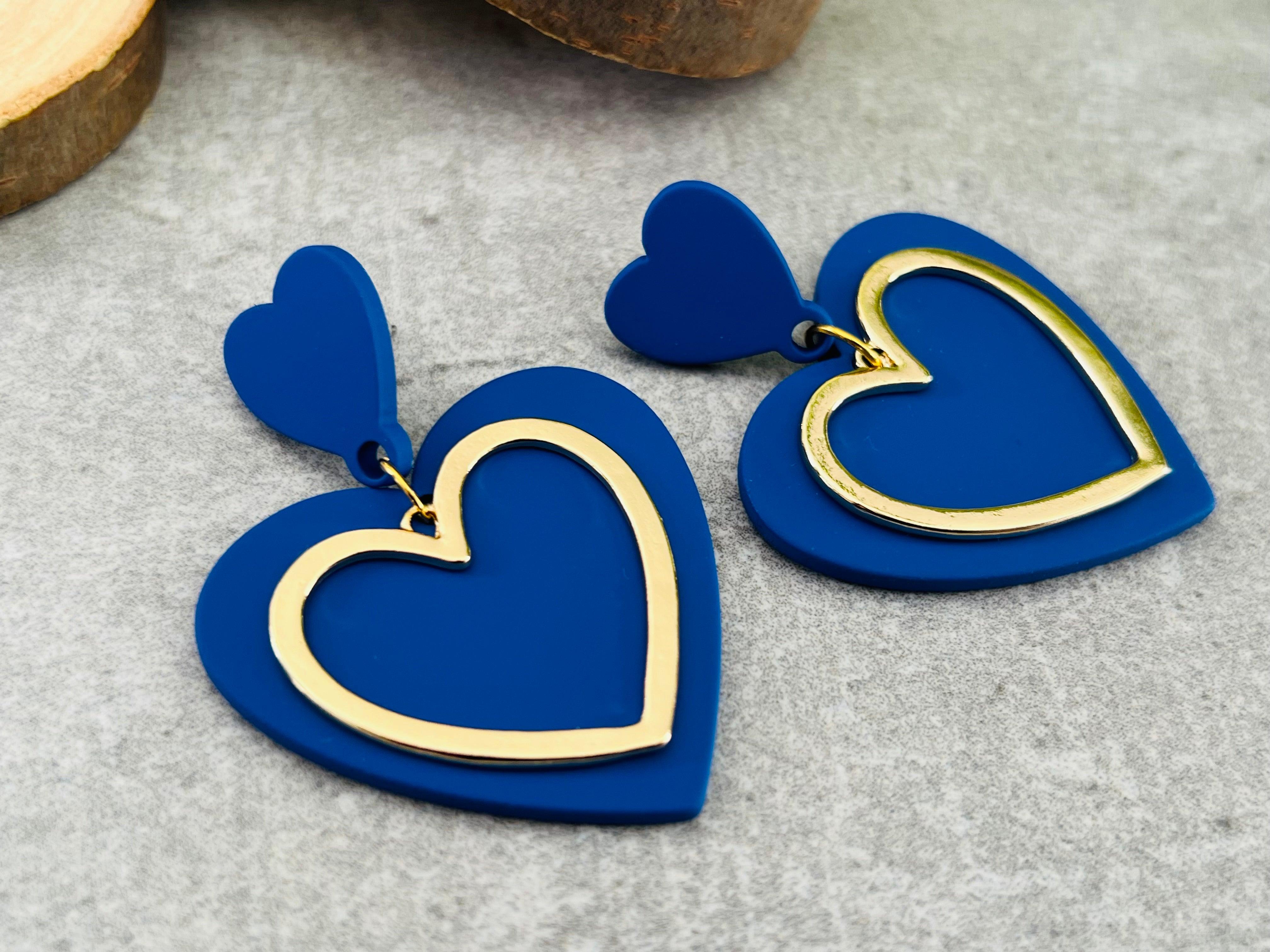 Boucles d’oreilles BROOKLYN cœurs bleu électrique et dorés - Créations Uniques - Créations Uniques