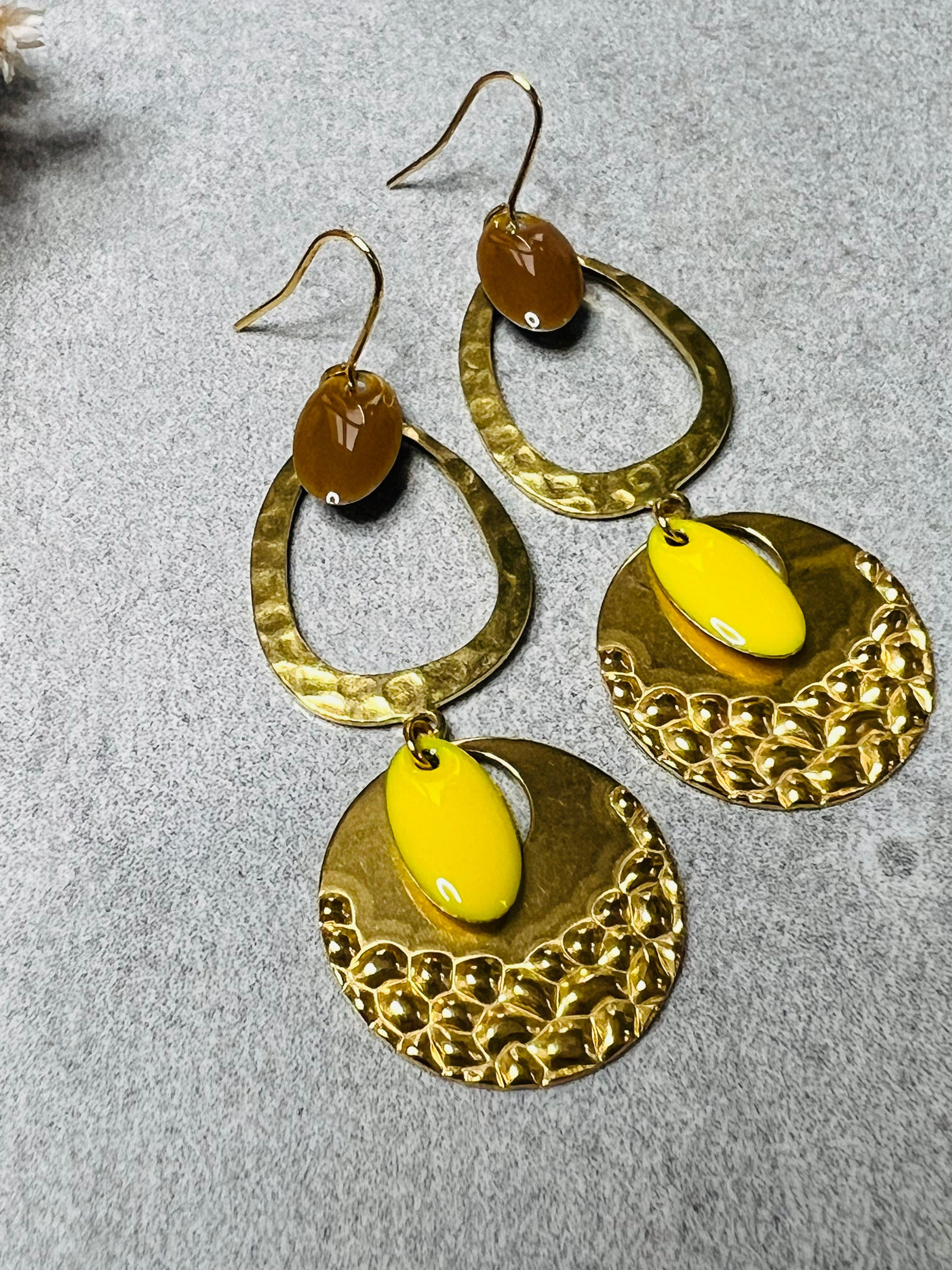 Boucles d’oreilles ALICIA gouttes marron jaune - Créations Uniques - Créations Uniques